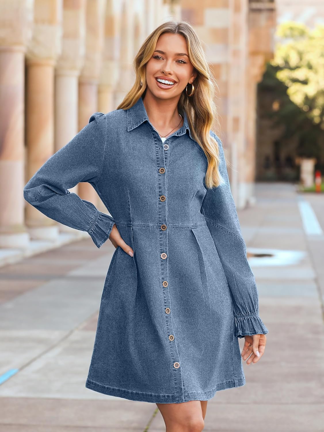 Simplee Womens Denim Dress Long Sleeve 2025 Fall Western Outfit Babydoll Button Down Mini Jean Dresses Trendy with Pockets - Image 3
