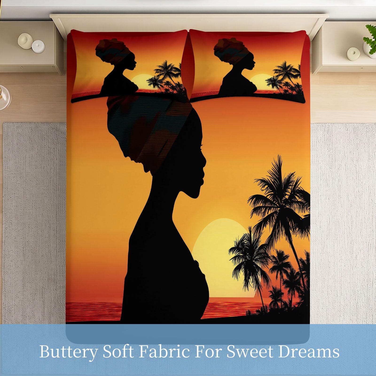 Mädchen Spannbetttuch 180 x 200 cm Orange - Sonnenuntergang Frauen Silhouette Spannbettlaken - Modern Dekorativ Bettlaken Weich & Bügelfrei Atmungsaktiv Mikrofaser Hypoallergen für Boxspringbett