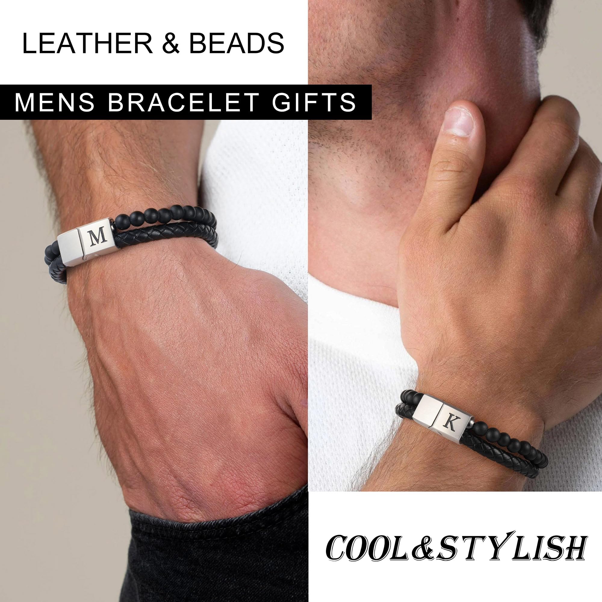 Regalo Navidad para hombre, brazalete de cuero con cuentas, con letra inicial nombre, 15/64 de pulgada, ágata mate, hecho a mano, ajustable, cierre magnético (acero inoxidable), 2