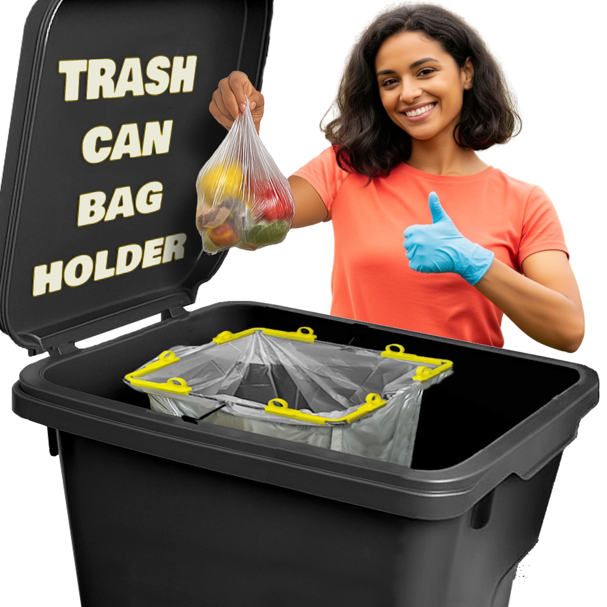 Trash Can Garbage Bag holder for Large outdoor Bin with lid and wheels. Stop Waste like Dog Poop Touching Dumpster. Works With 10 to 33 gallon plastic