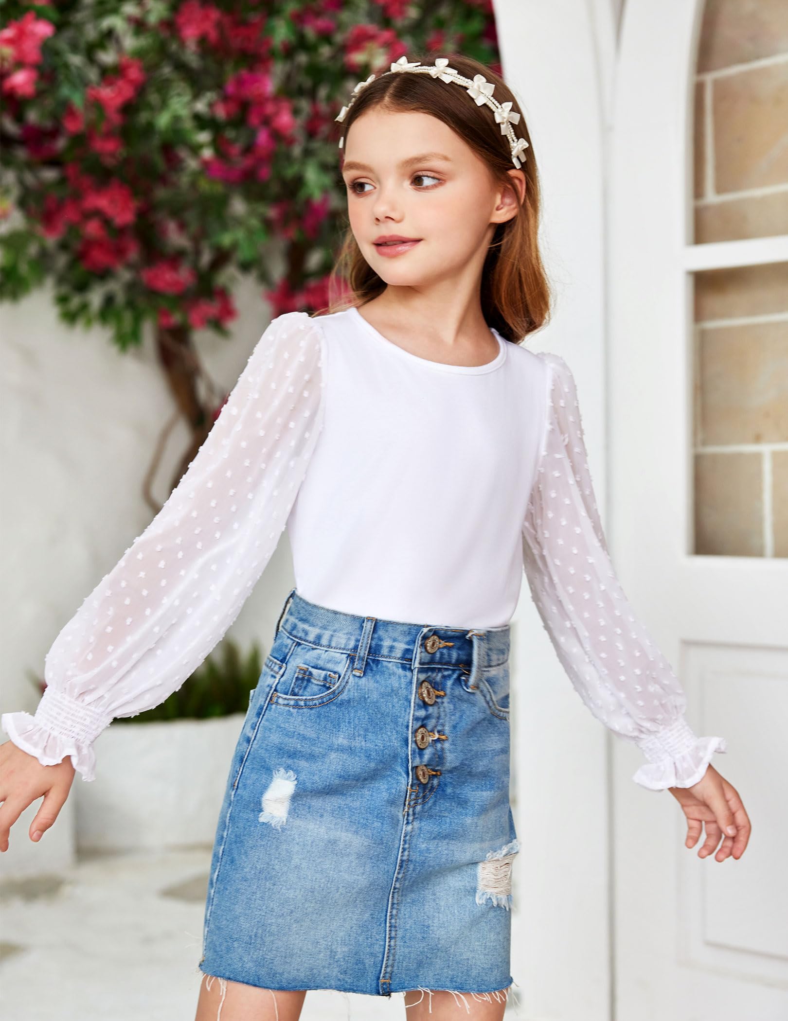 Arshiner Mädchen Langarmshirt mit gesmokten Rüschenmanschetten Polka Schweizer Dots Kinder Pullover Shirts Süßes Rundhals Oberteil Bluse für Mädchen 5-12 Jaher