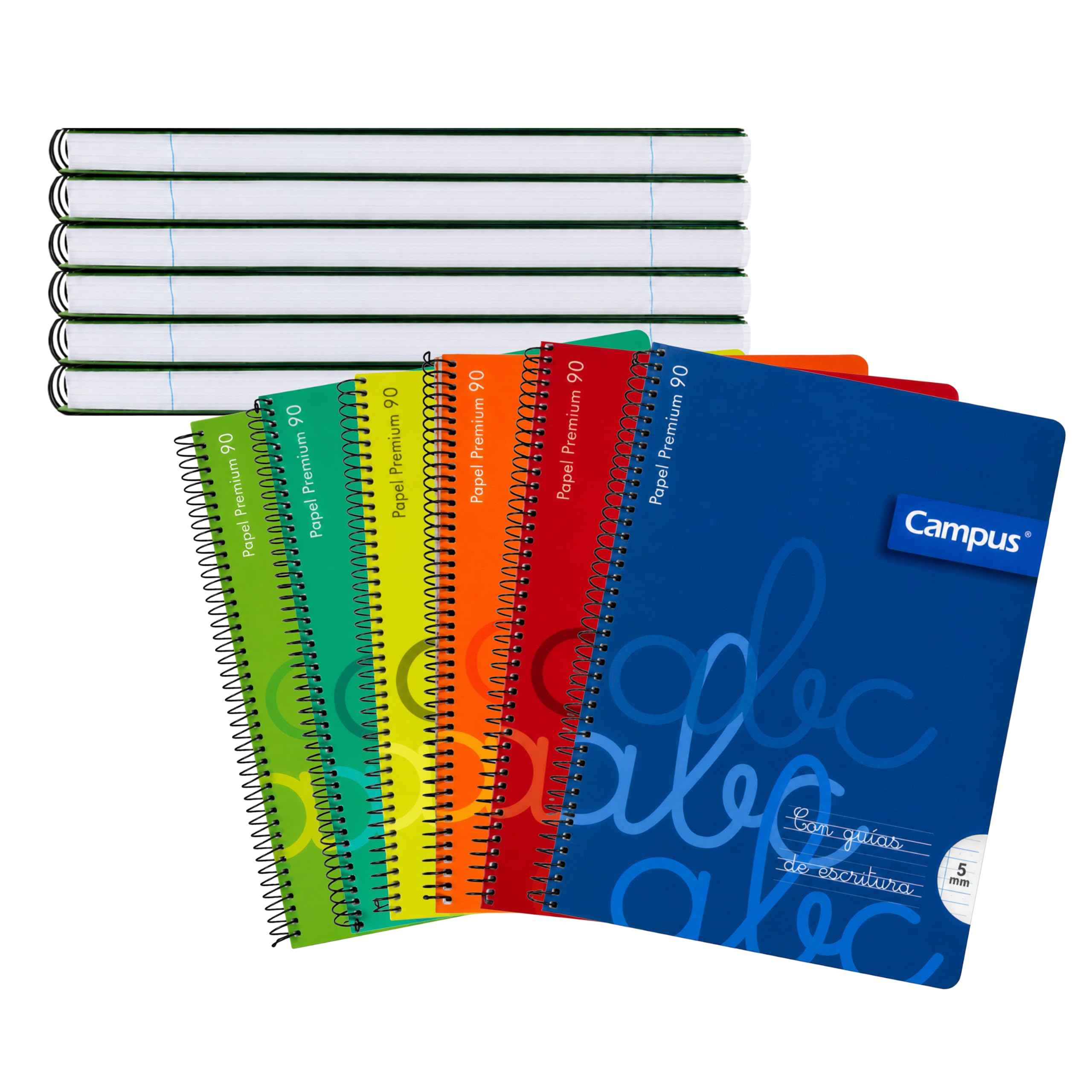 MUNTRADE Pack de 12 Libretas Espiral Campus Multicolor con Guías de Escritura | 2 de Cada Color | Papel Premium 90 g/m² | Pauta de 5 mm| Material Escolar