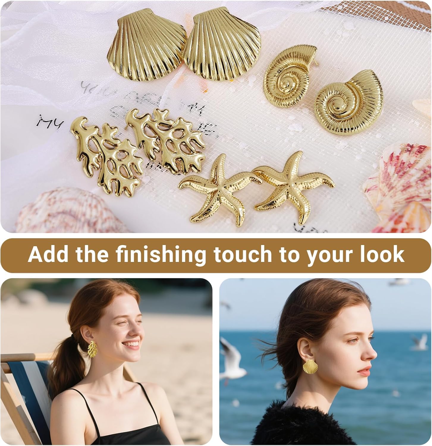 4 Pairs Starfish Shell Stud Earrings for Women, Gold Shell Trendy Drop Dangle Earrings Chunky Gold Statement Earrings Boho Ocean Conch Vacation Beach Jewelry - Image 6