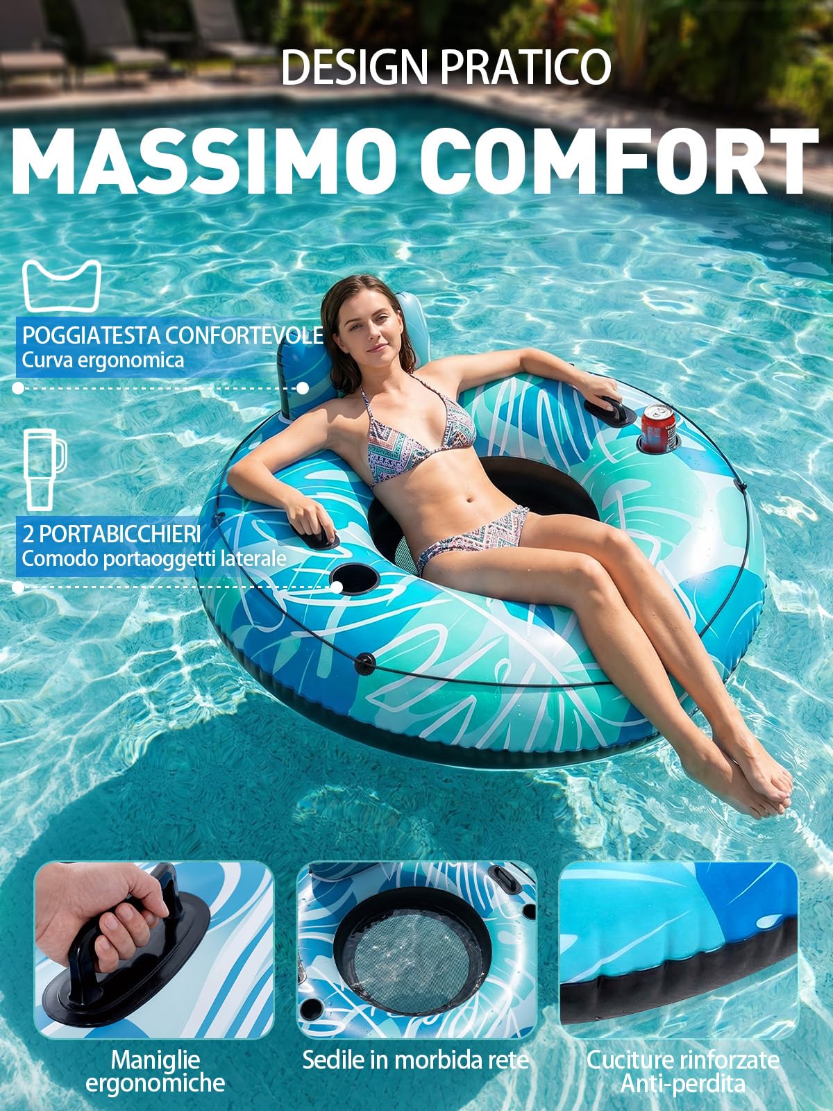 SOLAVERO Gonfiabili Piscina Adulti, Sedia Galleggiante Piscina avec 2 Maniglie e Portabevande, Poltrona Gonfiabile, per Divertimento Estivo e Feste in Acqua