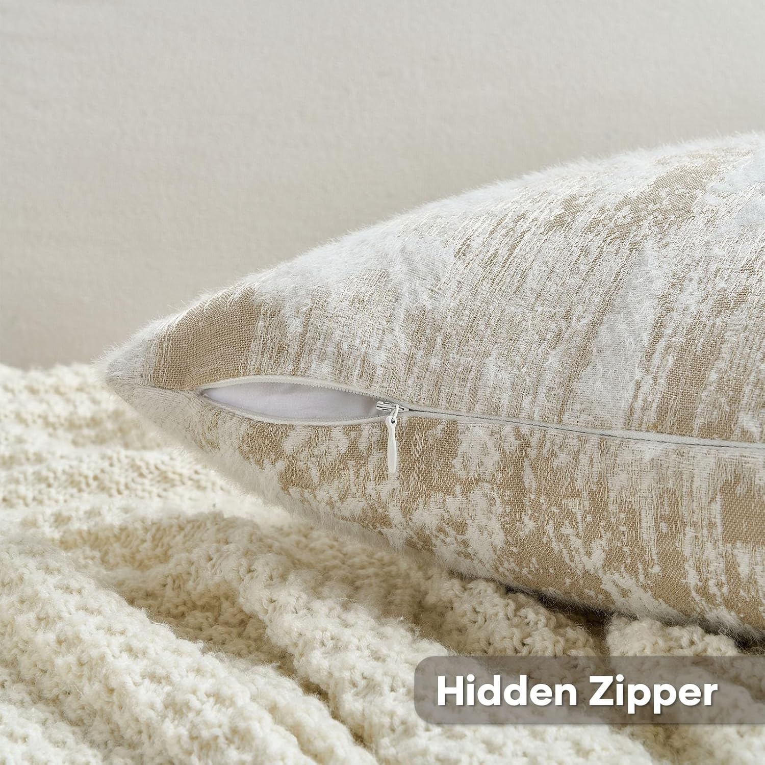 FUTEI Khaki White Decorative Throw Pillow Covers 18x18 Inch Set of 2,Jacquard Weave Cushion Case in Soft Faux Cashmere,Modern Home Decor for Couch Living Room - Image 2