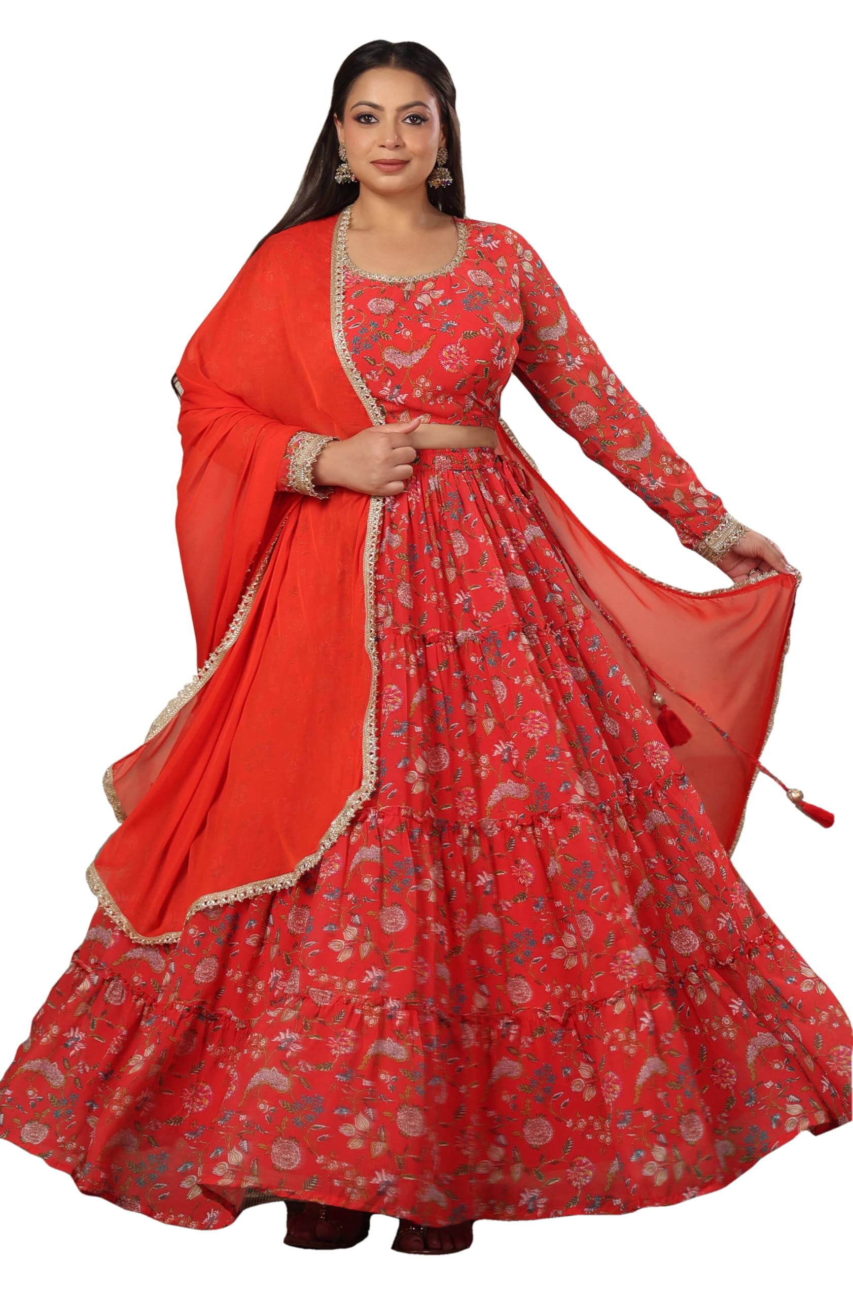 janasya Women's Plus Size Red Georgette Floral Printed Tiered Lehenga Choli Set-picture-26
