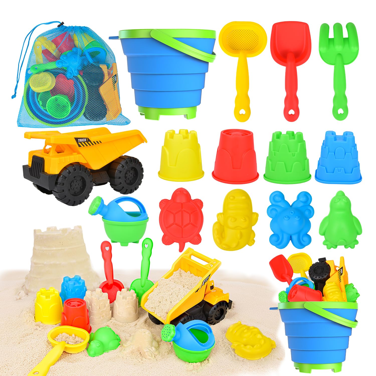 Beach Toys, 14Pcs Sand Toys with Construction Vehicle and Collapsible Beach Bucket, Animal Sand Mold Sets, Watering Can,Shovel Set with Mesh Bag,Summer Outdoor Play Travel Sandbox Gift for Boys Girls