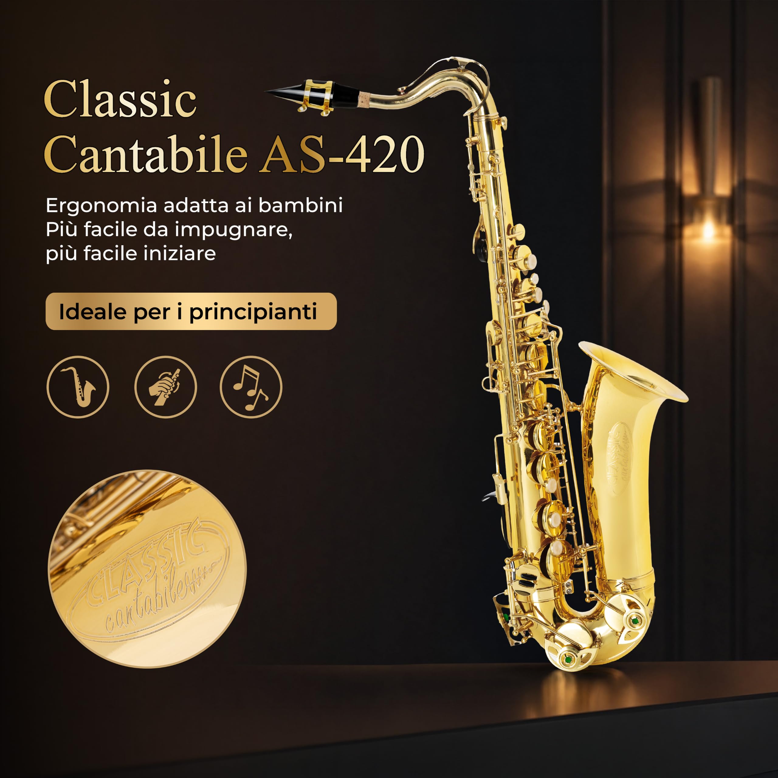 Classic Cantabile Youngstar AS-420 Sassofono Alto per Bambini, Generale | Meccanica ergonomica adatta ai bambini con chiavi ravvicinate, Privo di chiavi D#/E/F e meccanica del campanello, Peso: 1