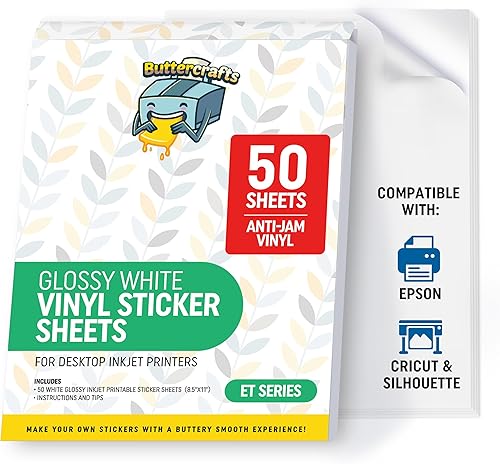 Papel adhesivo de vinilo imprimible brillante, impermeable, 50 hojas de 8.5 x 11 pulgadas, impresora de inyección de tinta (Epson), hojas adhesivas