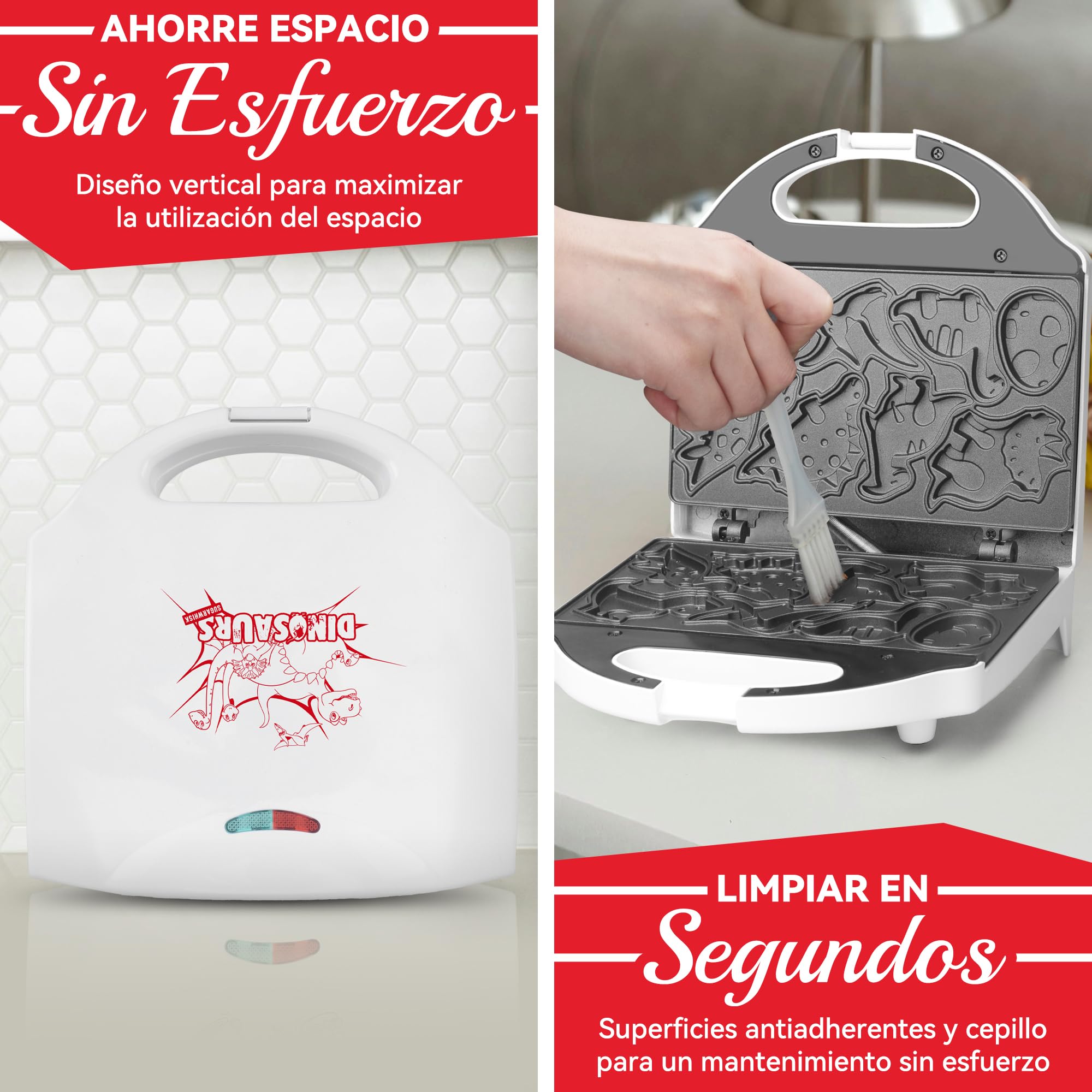 SugarWhisk Gofrera Mini, Waflera Pequeña, Mini Waflera, Mini Waffle Maker Con 8 Diseños De Dinosaurios Diferentes, Que a Los Niños Les Gusta, Blanca