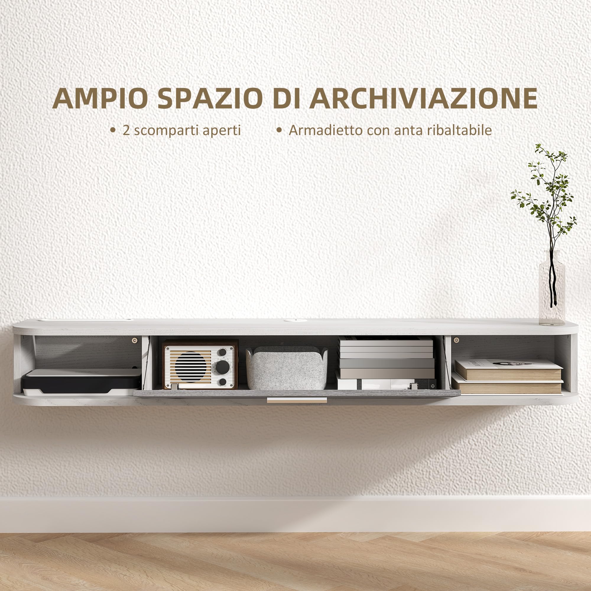 HOMCOM Mobile TV Sospeso con 2 Ripiani Aperti e Armadietto ad Anta Ribaltabile, Mobile Porta TV in Legno, 120x26x16 cm, Bianco e Grigio