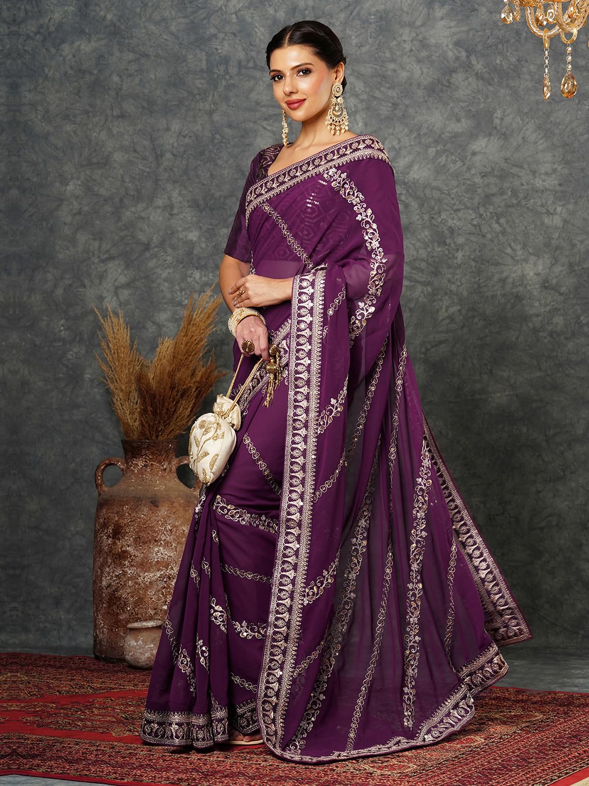 Satrani Women's Georgette Sequence Embroidery Saree With Unstitched Blouse Piece (3905S152N_Wine)