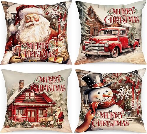 Lanpn Juego de 4 fundas de almohada vintage de 18 x 18 pulgadas, cojín de decoración de Navidad, funda de almohada retro de Papá Noel, funda de