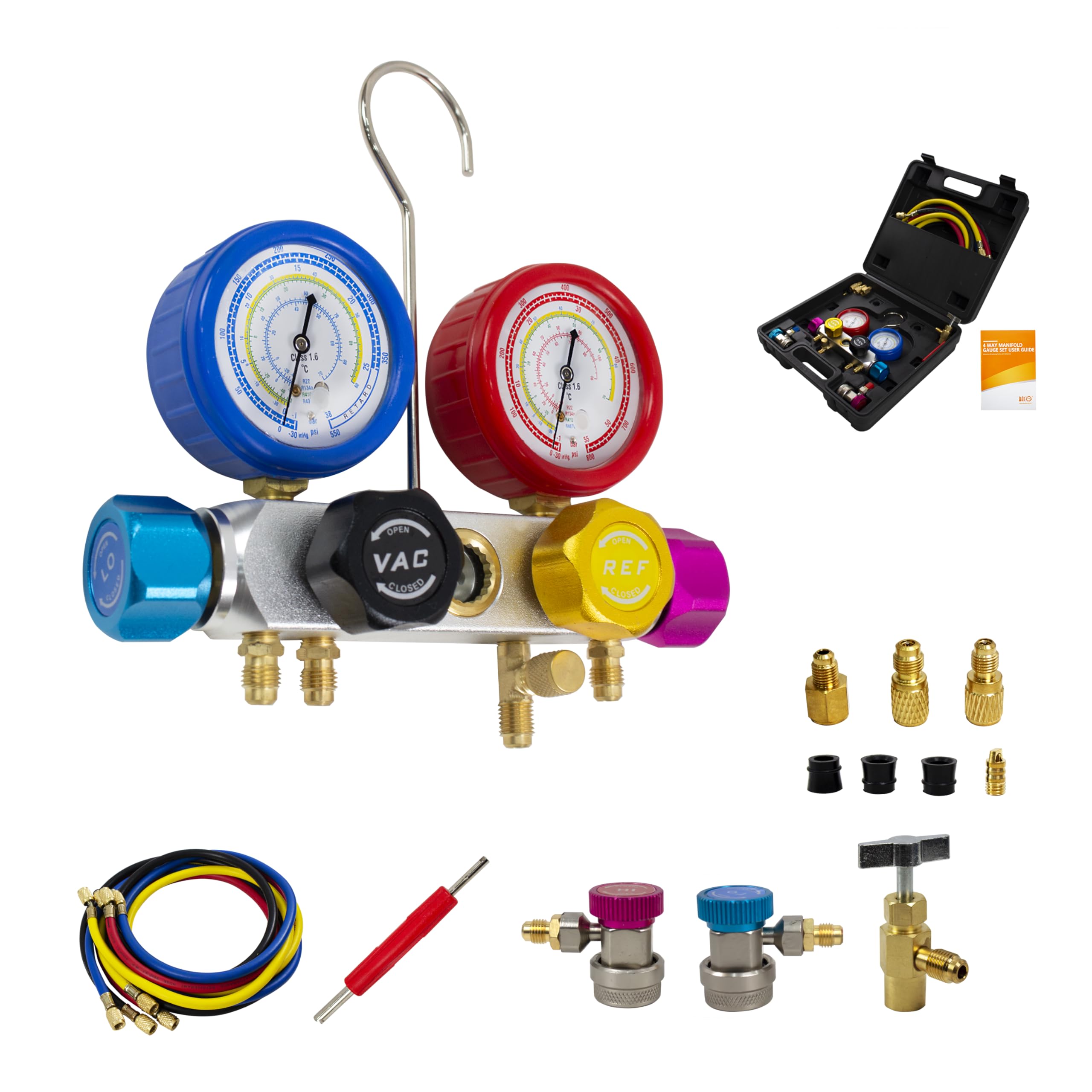 BACOENG Set Manometri Condizionatori 4 Vie, Kit Ricarica Aria Condizionata Auto con 1.5m Tubi per Auto Strumenti Diagnostici, Manifold Gauge Kit per R134A R410A R32 Refrigerante
