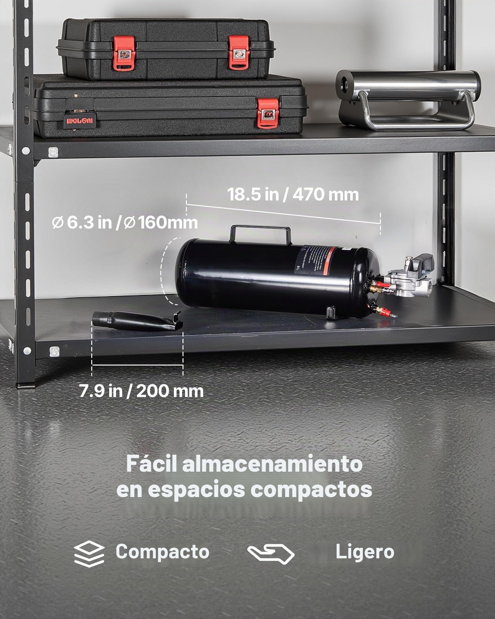 VEVOR Máquina de Granallado de Neumáticos, Capacidad 8 L, Inflador de Neumáticos Portátil Mejorado, 0,6-0,8 MPa, para Coche, Bicicleta Eléctrica, Autocaravana, ATV, Negro, 775 x 160 x 200 mm