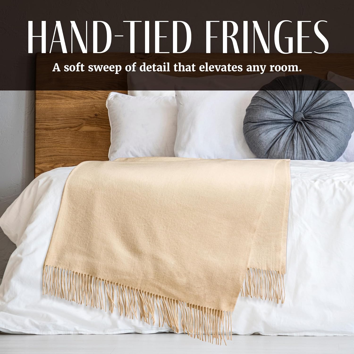 Velanio Cashmere 100% Cashmere Throw Blanket with Fringe 60 x 54 Inch Super Soft Warm for Home, Travel Sofa Bed (Ivory)