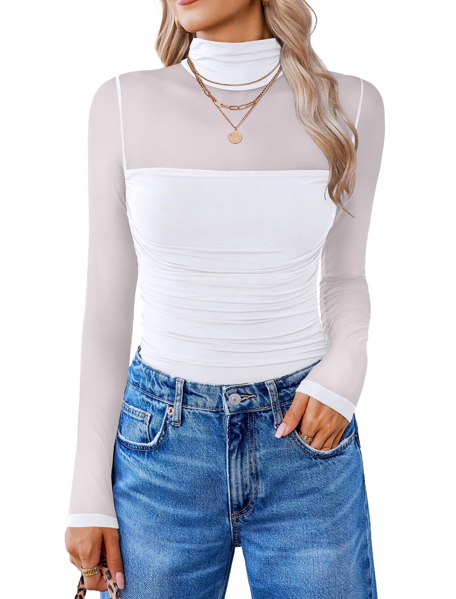 Avidlove Body Damen Sexy Spitze Elegant Langarmbody Rollkragen Curvy Bodysuit Teddy One Piece Dessous Oberteile Tops Bluse Damenbody mit Knöpfe Weiß XL