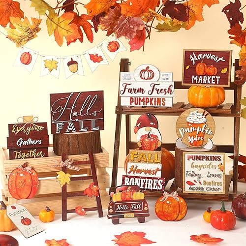 Miniatura 5 de FairySandy Juego de 14 piezas de decoración de bandeja escalonada de calabaza de otoño para Acción de Gracias, juego de decoraciones rústicas de