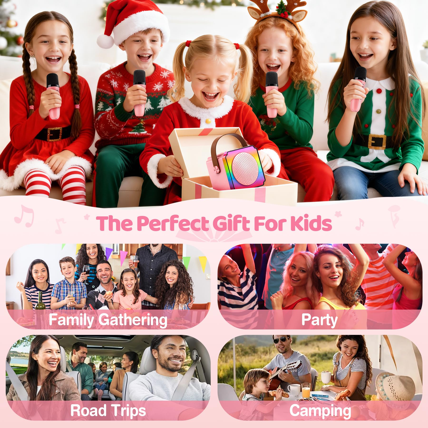Micro Karaoke Enfant avec 2 Micro sans Fil, Cadeau Anniversaire Fille et Garçon 3-12 Ans, Micro Karaokeavec LED, Effets Vocaux et Carte Cadeau, Jouet Enfant pour Chanter-Rose