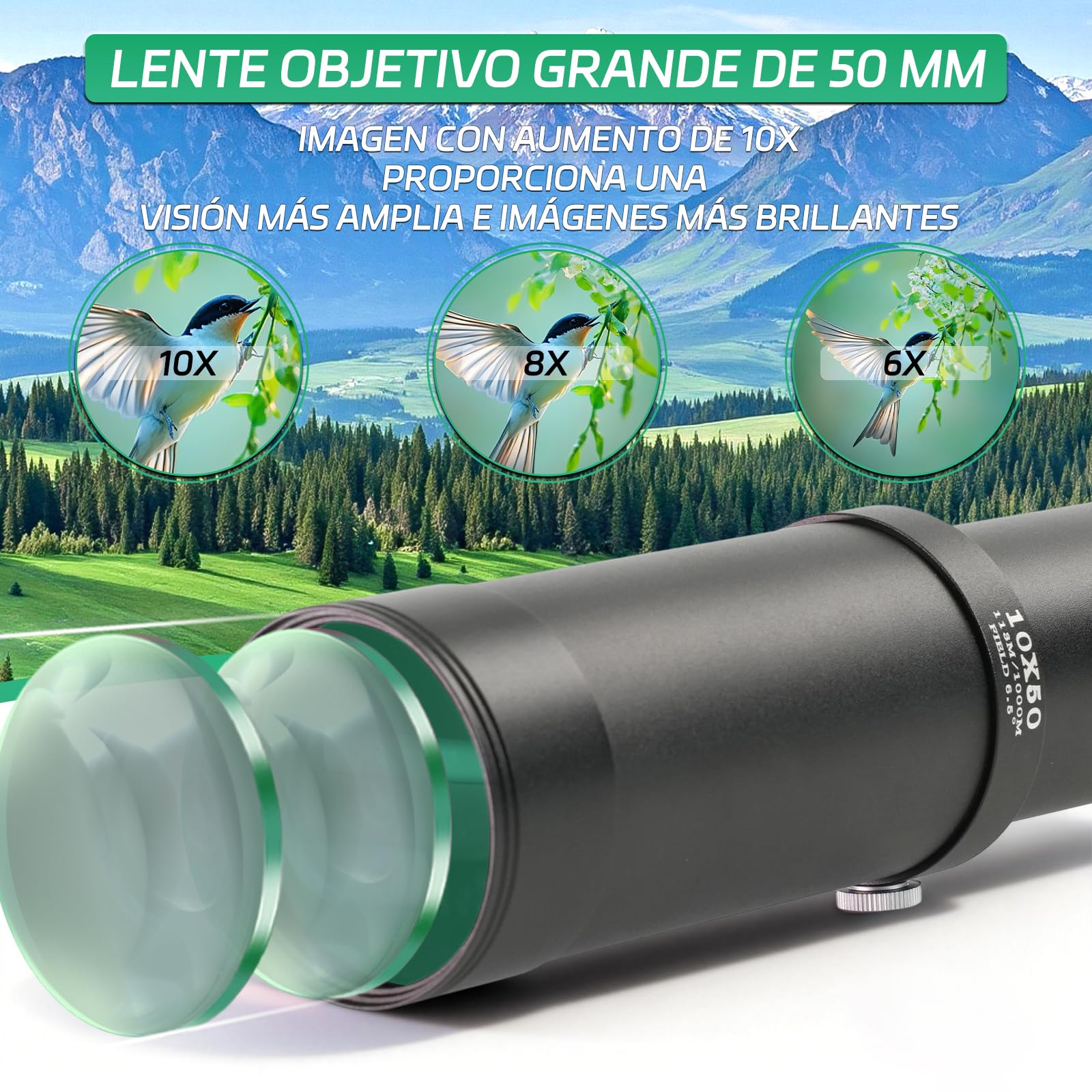 Telescopio Monocular 10x50 HD, Lentes FMC Multicapa, Prismas K9, Ocular Retráctil 23mm, Monocular Portátil Ligero para Observación de Aves, Senderismo, Caza y Deportes (Negro)
