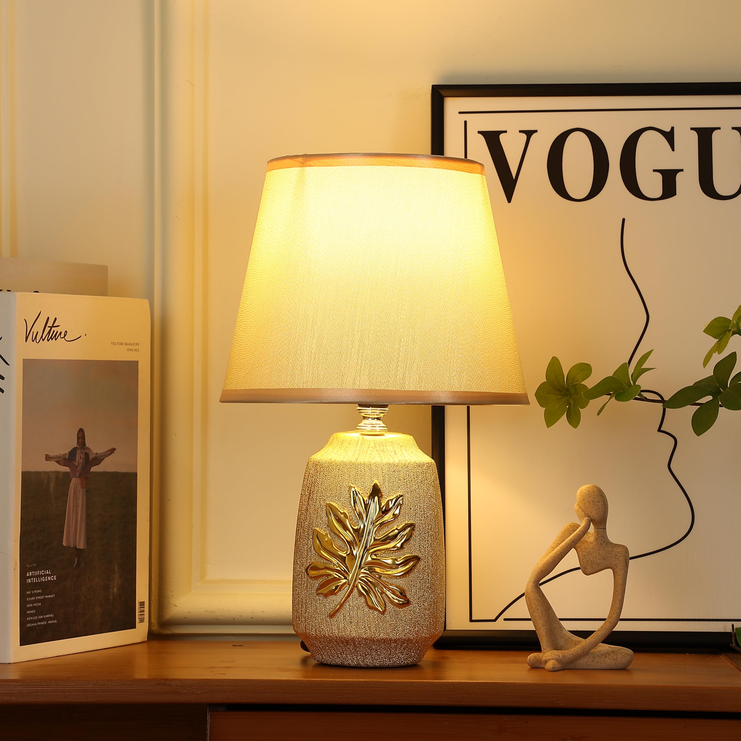 HOME ELEMENTS Decorative Ceramic Table Lamp with Gold Leaf Design, Cream Fabric Shade, Bedside Night Light for Bedroom Living Room, Home Decor Items, Study Lamp, Reading Desk lamp 20x32cm (Beige)-image-48