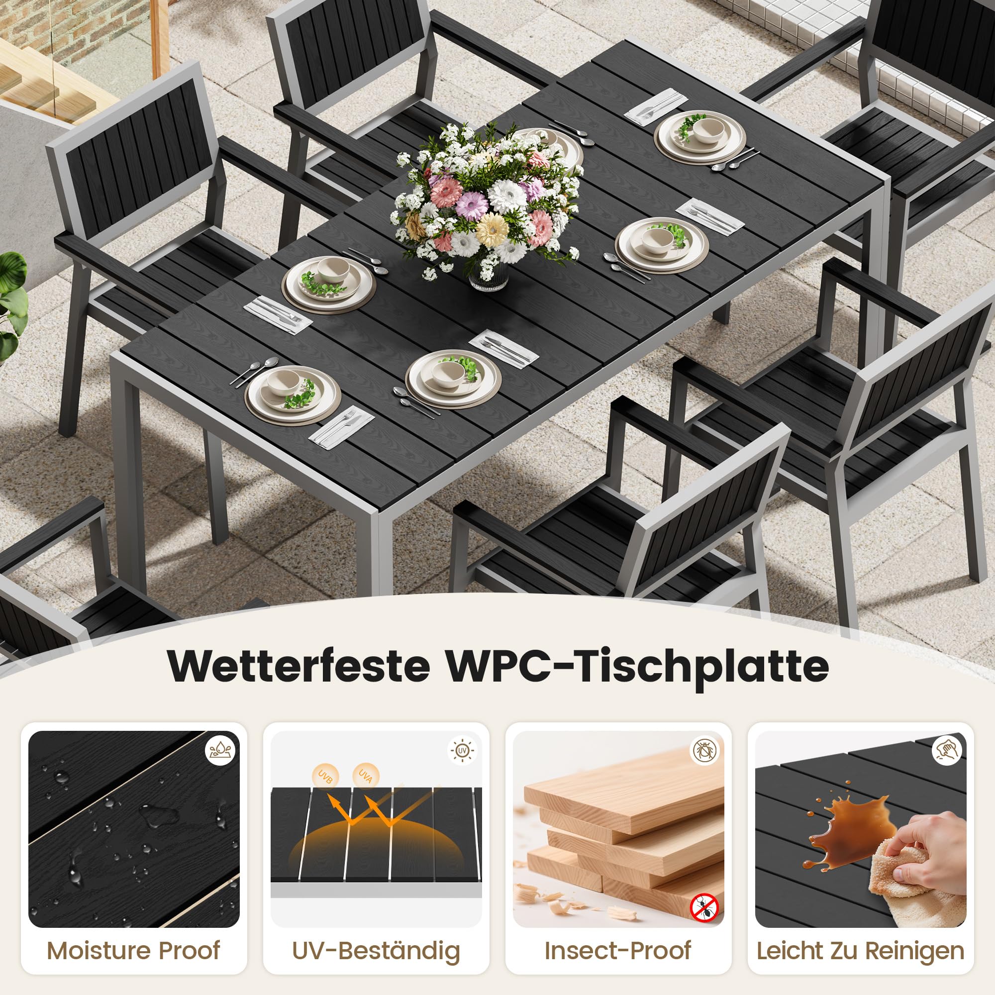 Amopatio Gartentisch Wetterfest 150×80 cm, WPC Balkontisch Aluminium, Rechteckiger Terrassentisch UV-beständig Gartenmöbel für Garten & Outdoor, Moderner Esstisch Grau-Grau