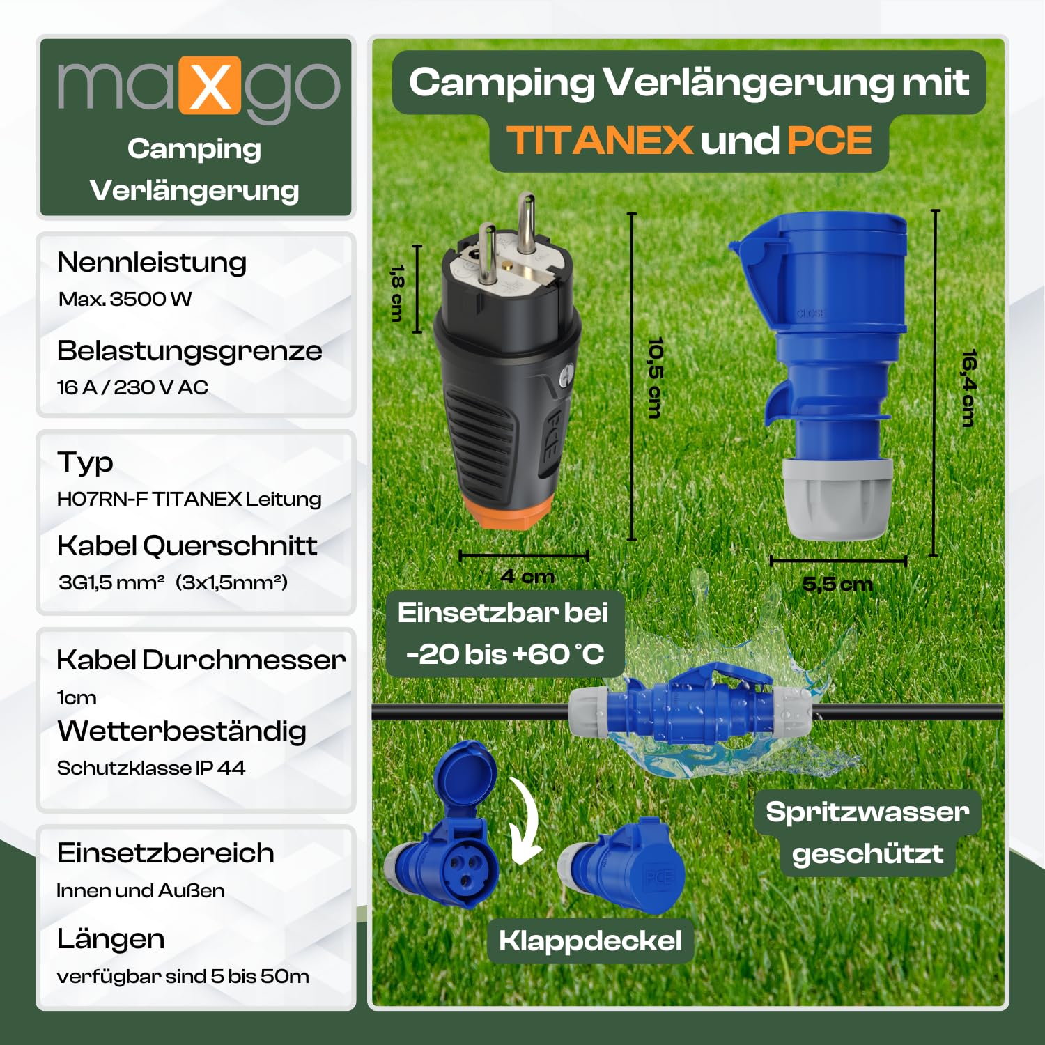 CEE Campingkabel Adapter Kabel Stromadapter Camping Schuko-Vollgummi-Stecker auf CEE Kupplung für Wohnwagen Wohnmobil TITANEX H07RN-F 3G1,5mm² 16A 230V 10m