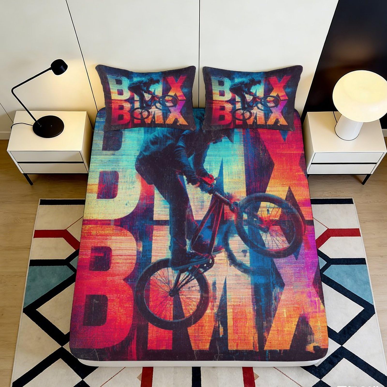 3D Printed BMX Bike Fitted Sheet Microfiber Durable Vibrant 3D Printed Bed Cover for Bedroom Dormitory Guest Room Mattress Protection 140x200x25cm