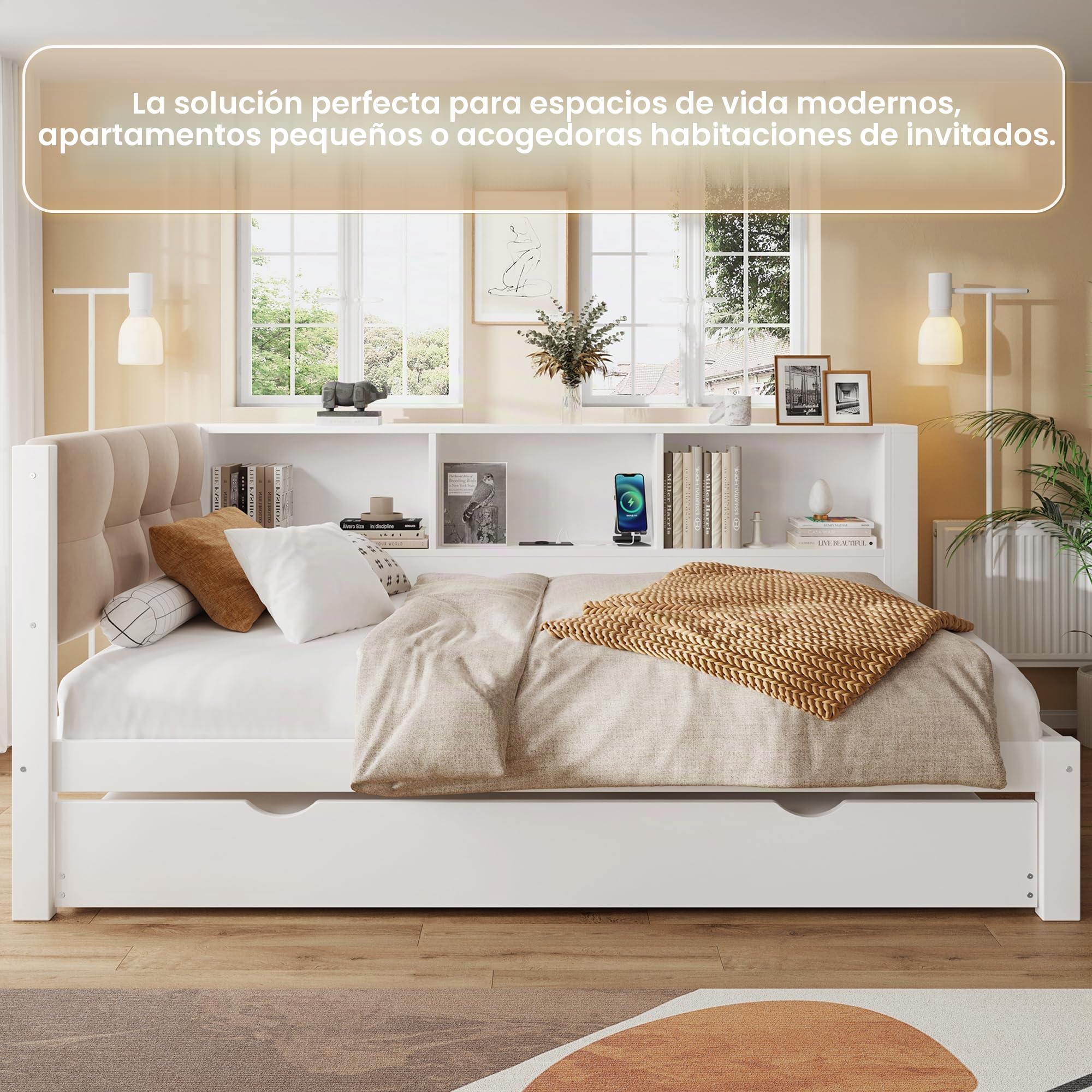 Cama infantil de 90 x 200 cm, con cama nido de 90 x 190 cm, con conector USB y tira LED, sofá cama con cabecero acolchado, estructura de madera, blanco, sin colchón (blanco, 90 x 200 cm)