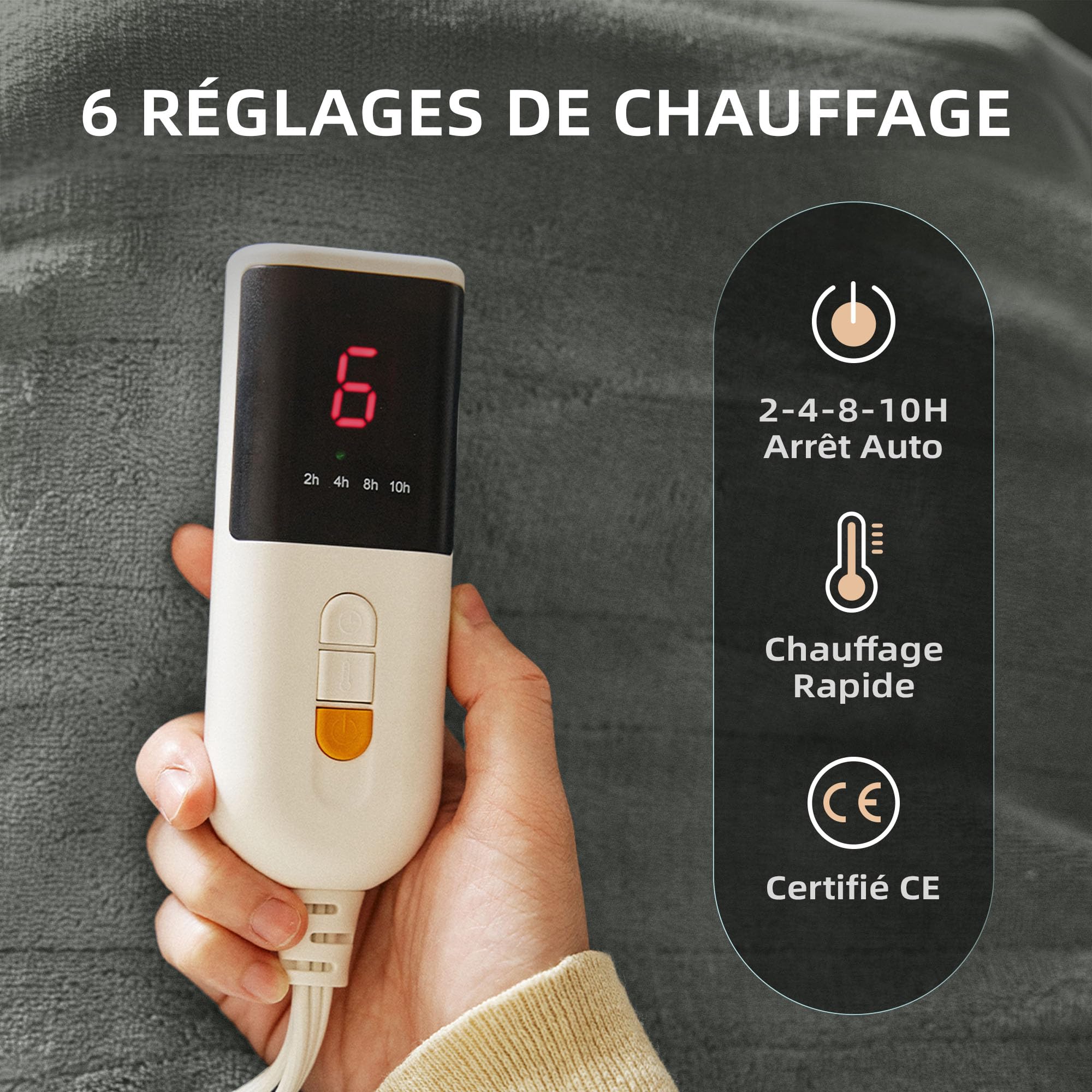 JET'S HOME Couverture Chauffante Électrique 1 Personne 130x180cm - Plaid Chauffant 6 Réglages de Température Fermeture Automatique Réglable, Protection Contre la Surchauffe Lavable en Machine (Gris)