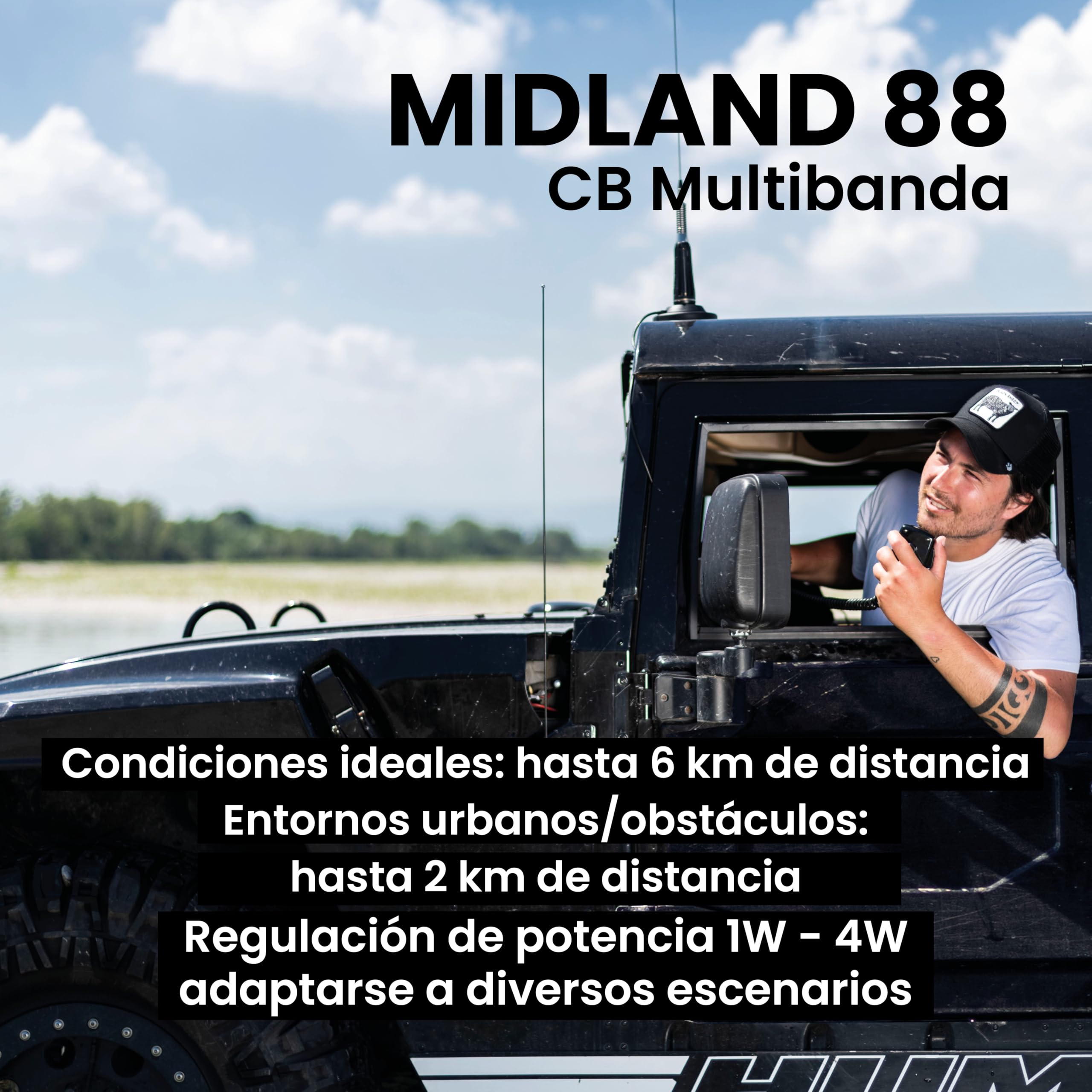 Midland - Radio CB M88 Veicular Sin Licencia, Radioaficionado Profesional para Compartimentos DIN, Auto, Camión, Camper y Otros - Pantalla TFT Multicolor, Noise Blanker/HIC, Alimentación Universal