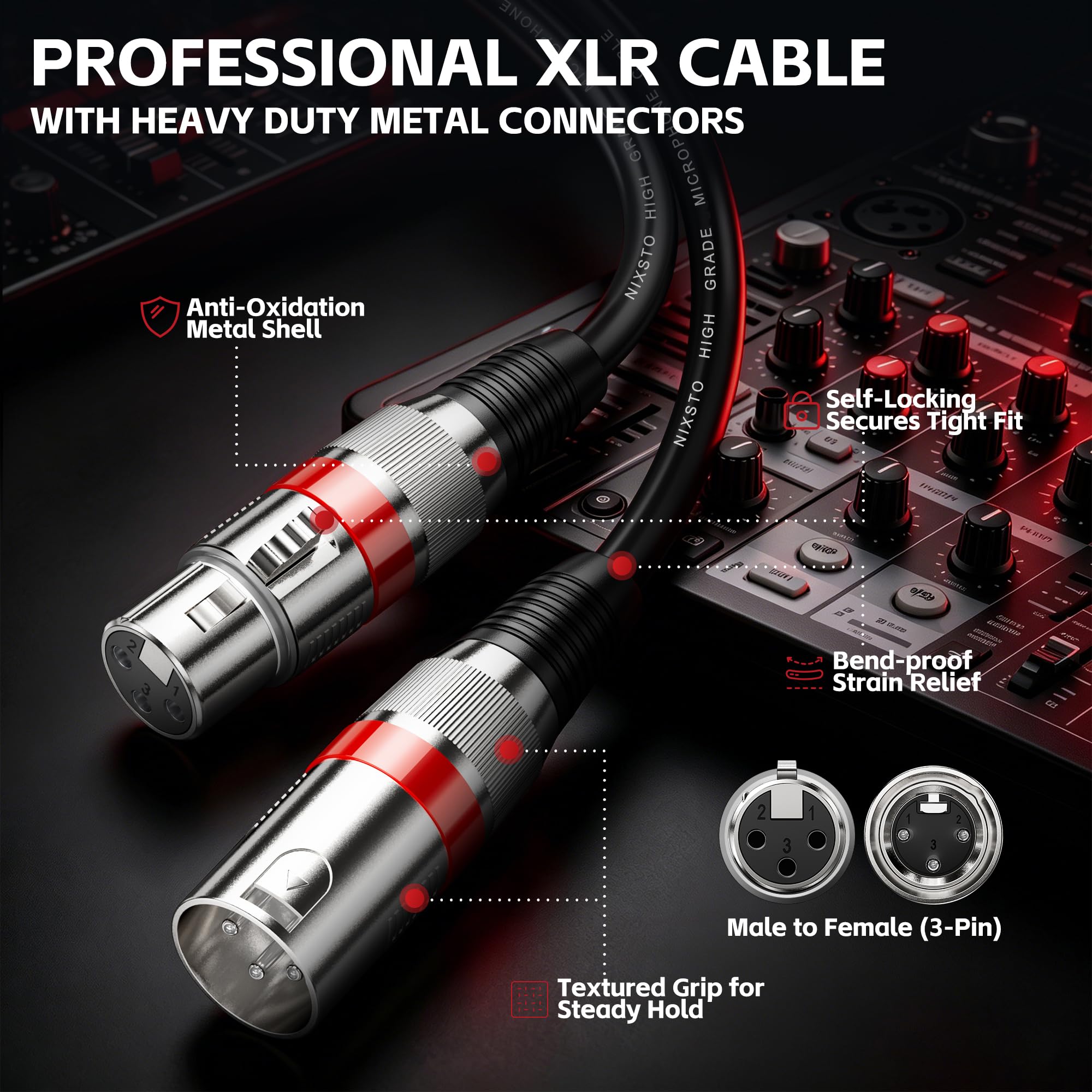 Cables XLR de 3 pies, 6 pies, 10 pies, 15 pies, 25 pies, 50 pies y 100 pies, cable de micrófono equilibrado blindado, cable de micrófono para todos los conductores de cobre para grabación de estudio