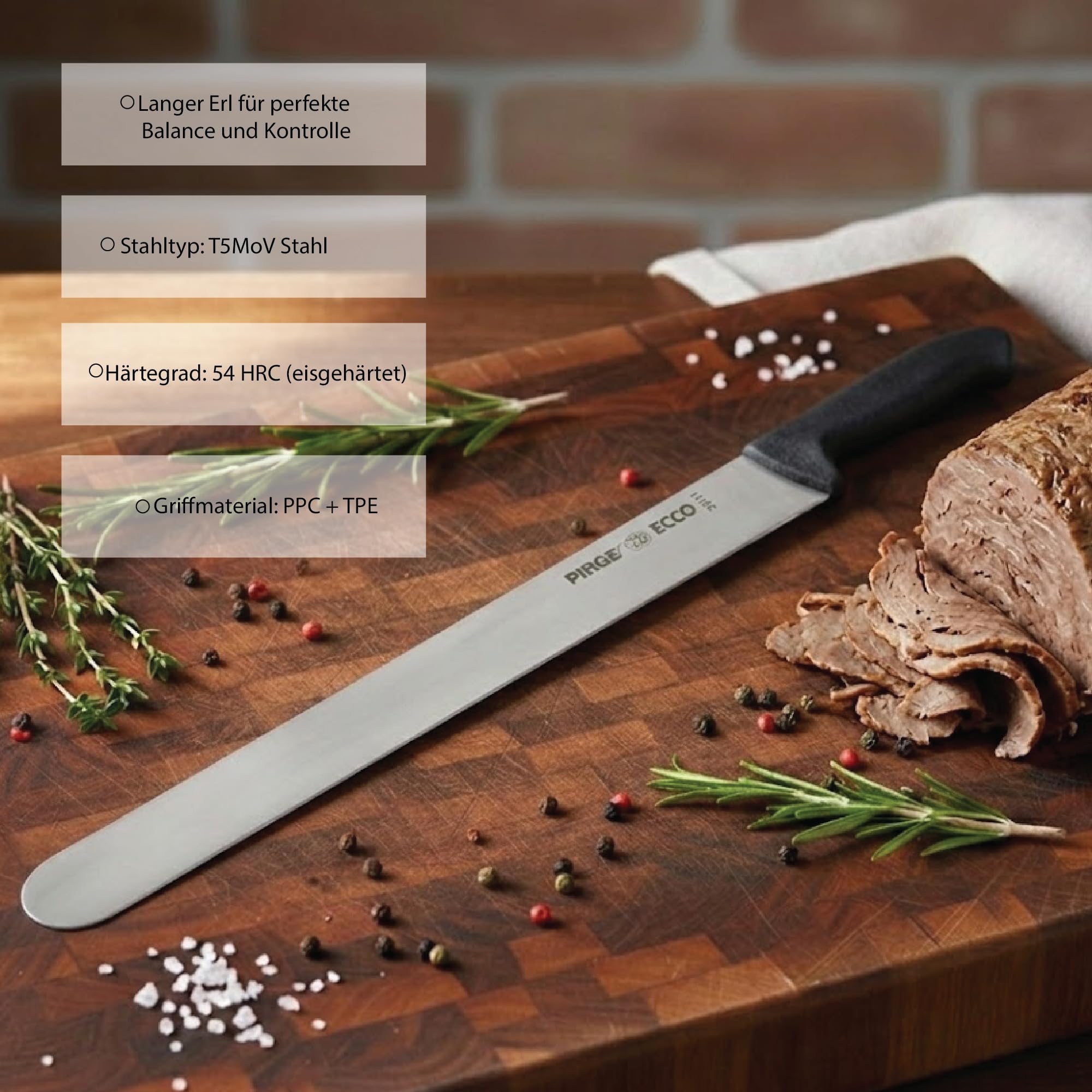 Pirge Ecco Dönermesser 45 cm Schwarz - Aufschnittmesser - Schärfstes Döner Langmesser - Schneidemesser - Fleischmesser - BBQ Messer - Edelstahl Profi Küchenmesser - Ergonomisches Griffdesign