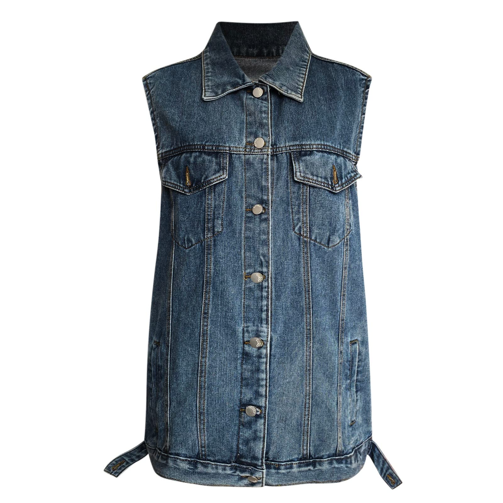 Gilet in jeans da donna, senza maniche, con collo a risvolto, con tasche, in denim, con bottoni, giubbotto da motociclista, per la primavera, il tempo libero, da cowboy