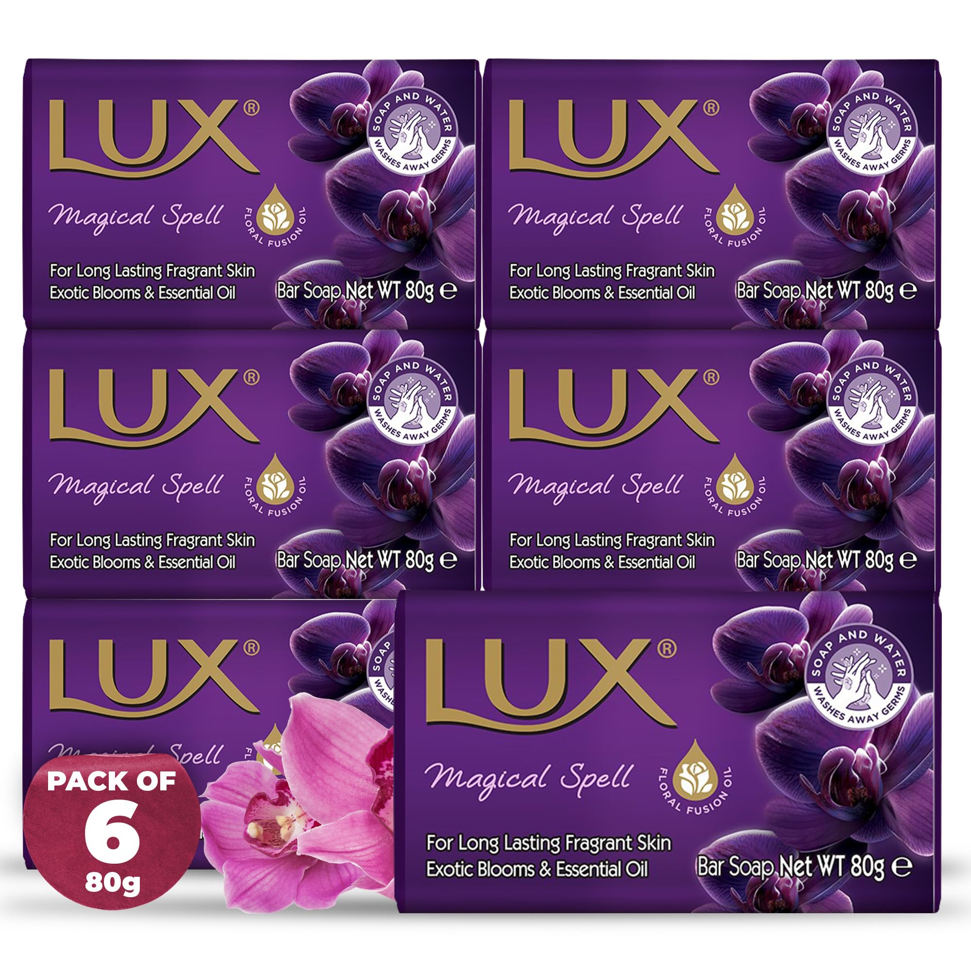 LUX Magical Spell Soap Bar, Exotic Blooms & Essential Oil, for Long Lasting Fragrant Skin 80g (6 Pack), 80 g (Pack of 6)