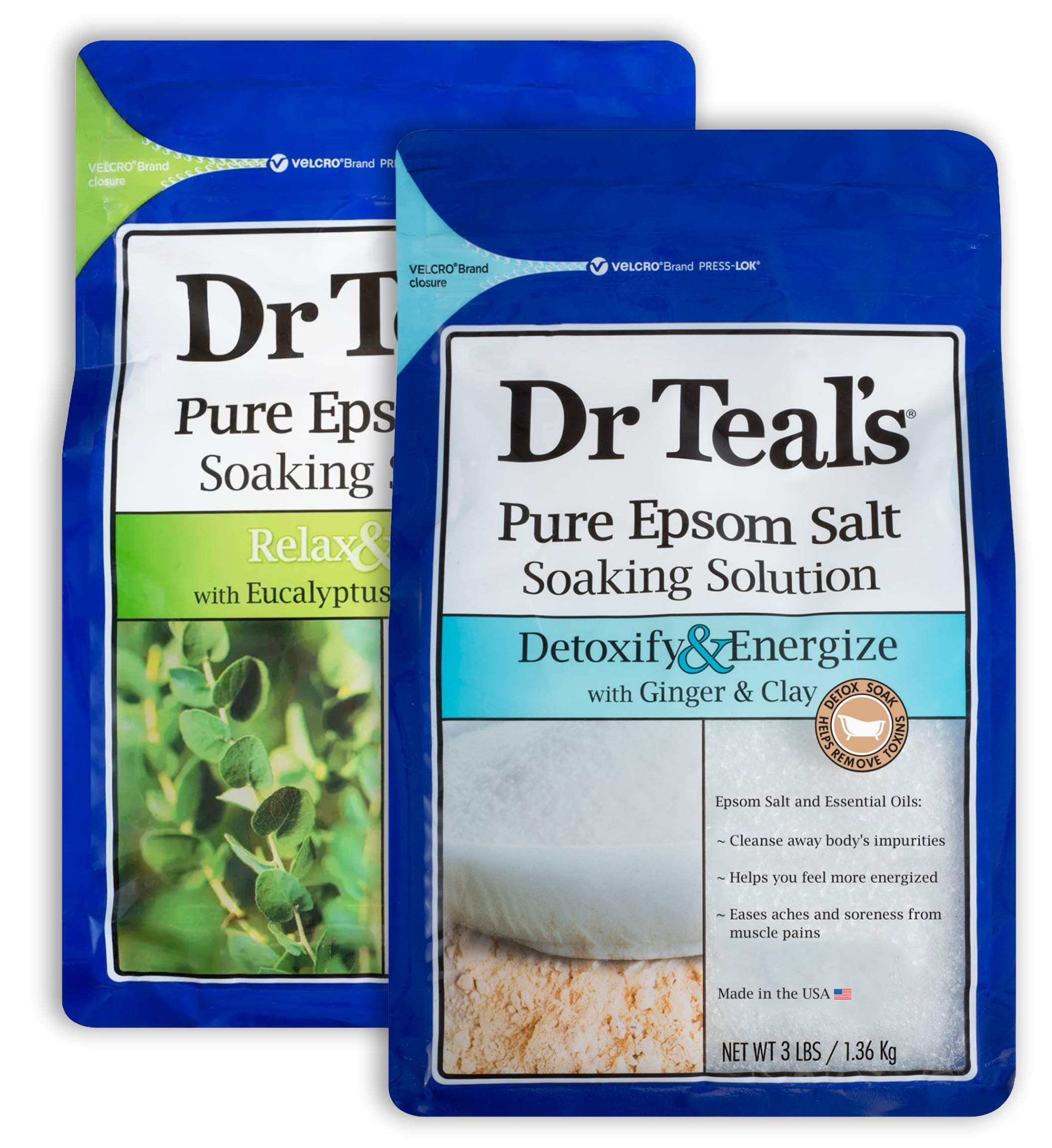 Dr Teal'sEpsom Salt Bath Variety Gift Set (2 Pack, 3lb Ea) - Relax & Relief Eucalyptus & Spearmint, Detoxify & Energize Ginger & Clay - Essential Oils Ease Aches & Pains, Clears The Mind & Senses