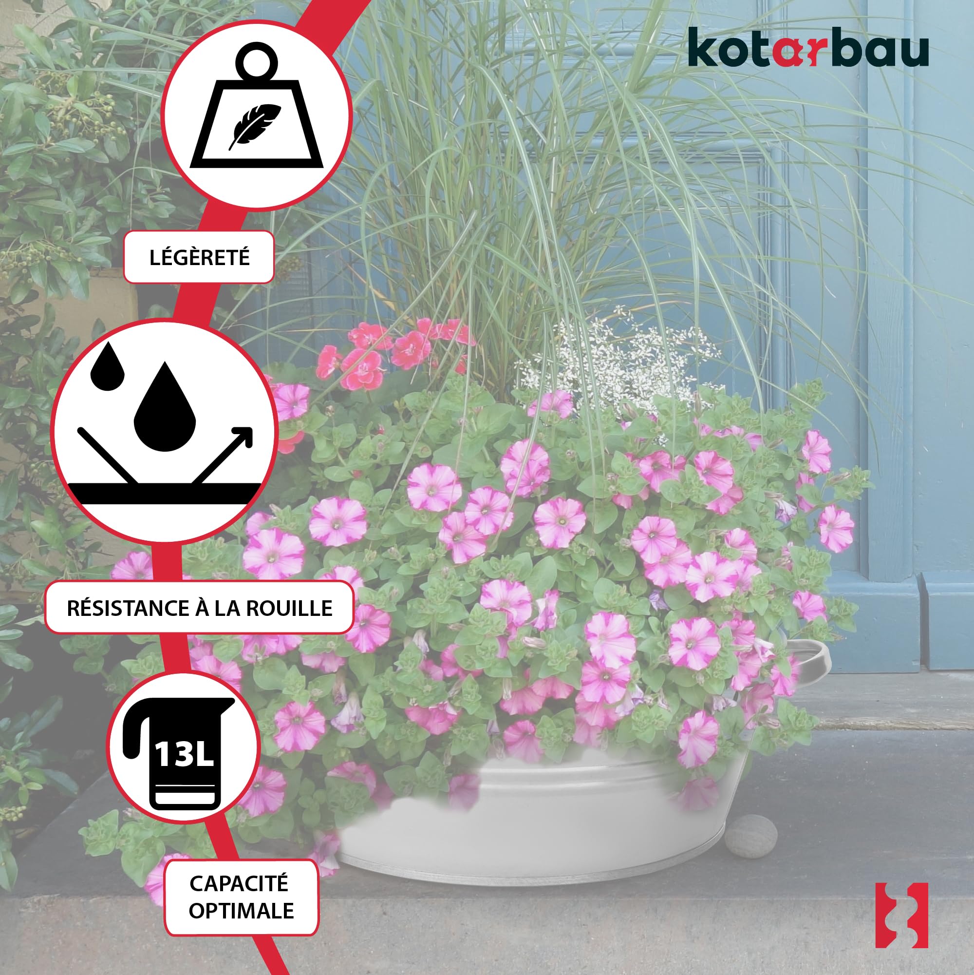 KOTARBAU® Bassine Metal Ronde en Acier galvanisé 13 L avec Oreilles | Pot à Fleurs |Baignoire Ronde | Bassine Confiture Cuivre | Lessiveuse pour Jardin