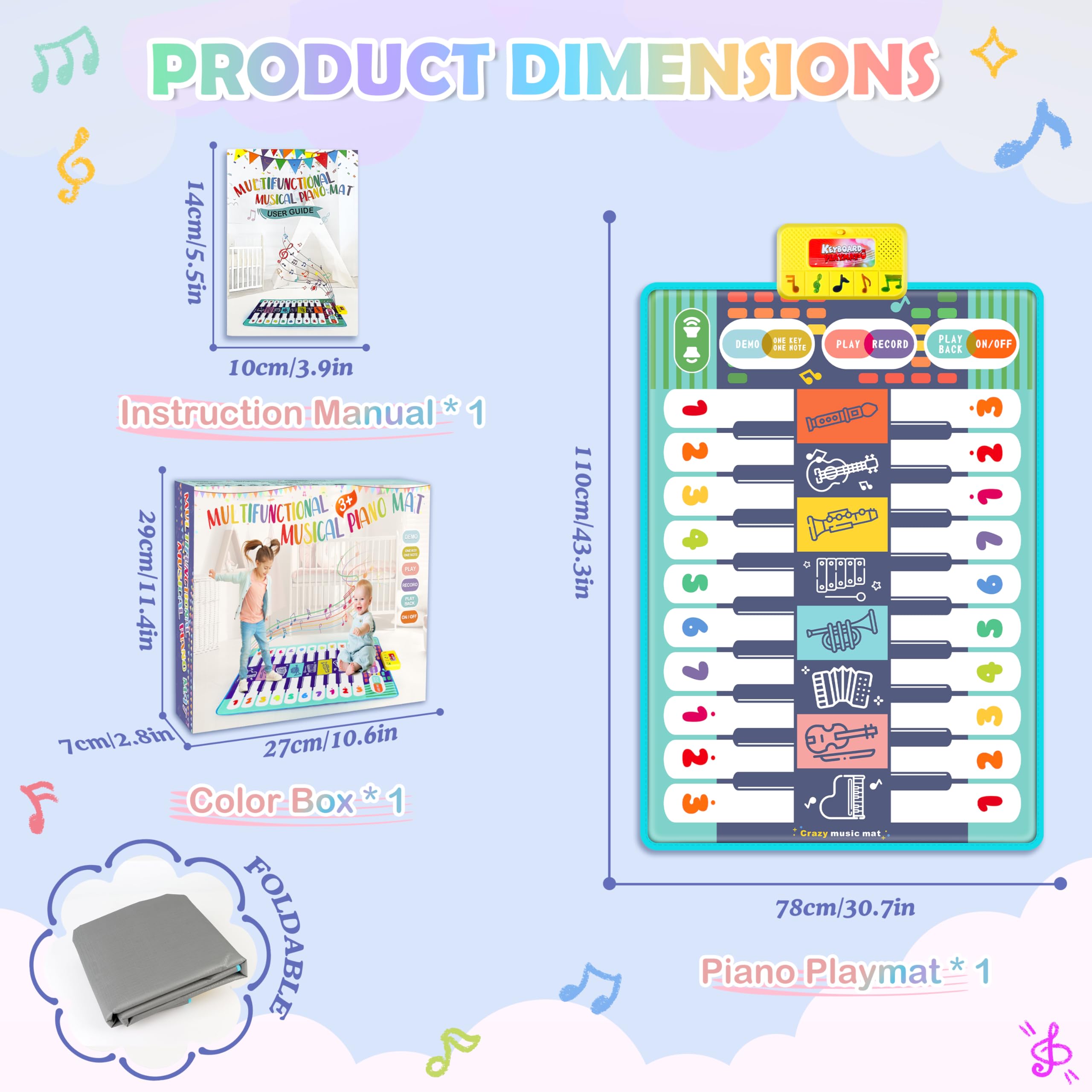 Charmofun Tappeto Musicale Bambini, Tappetino Musicale per Pianoforte con 8 Strumenti, 10 Canzoni Incorporate, Giocattolo Musicale Regalo Natale e Compleanno per Ragazzi Ragazze 1 2 3 4 Anni