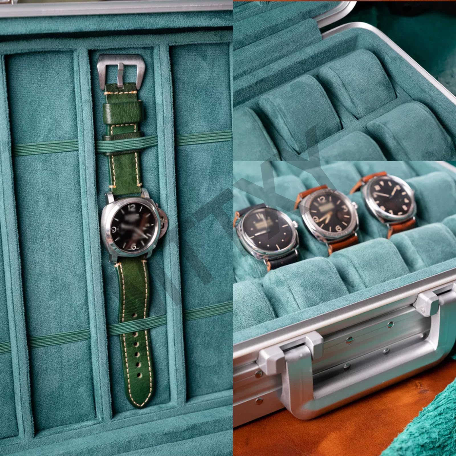 Uhrenbox 24+6, Aluminium Tragekoffer für Reise und Ausstellung,Green | Uhrenorganizer mit herausnehmbaren Tabletts, weichem Innenfutter und Fächern für Bänder und Zubehör,Green