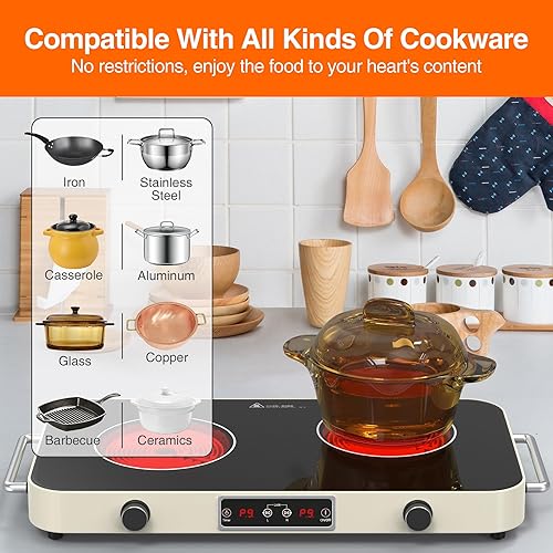 Miniatura 4 de GIHETKUT Cocina eléctrica, placa de inducción de 2200 W 110 V, 2 quemadores, estufa eléctrica con 2 asas, placa de cocción portátil 9 ajustes de