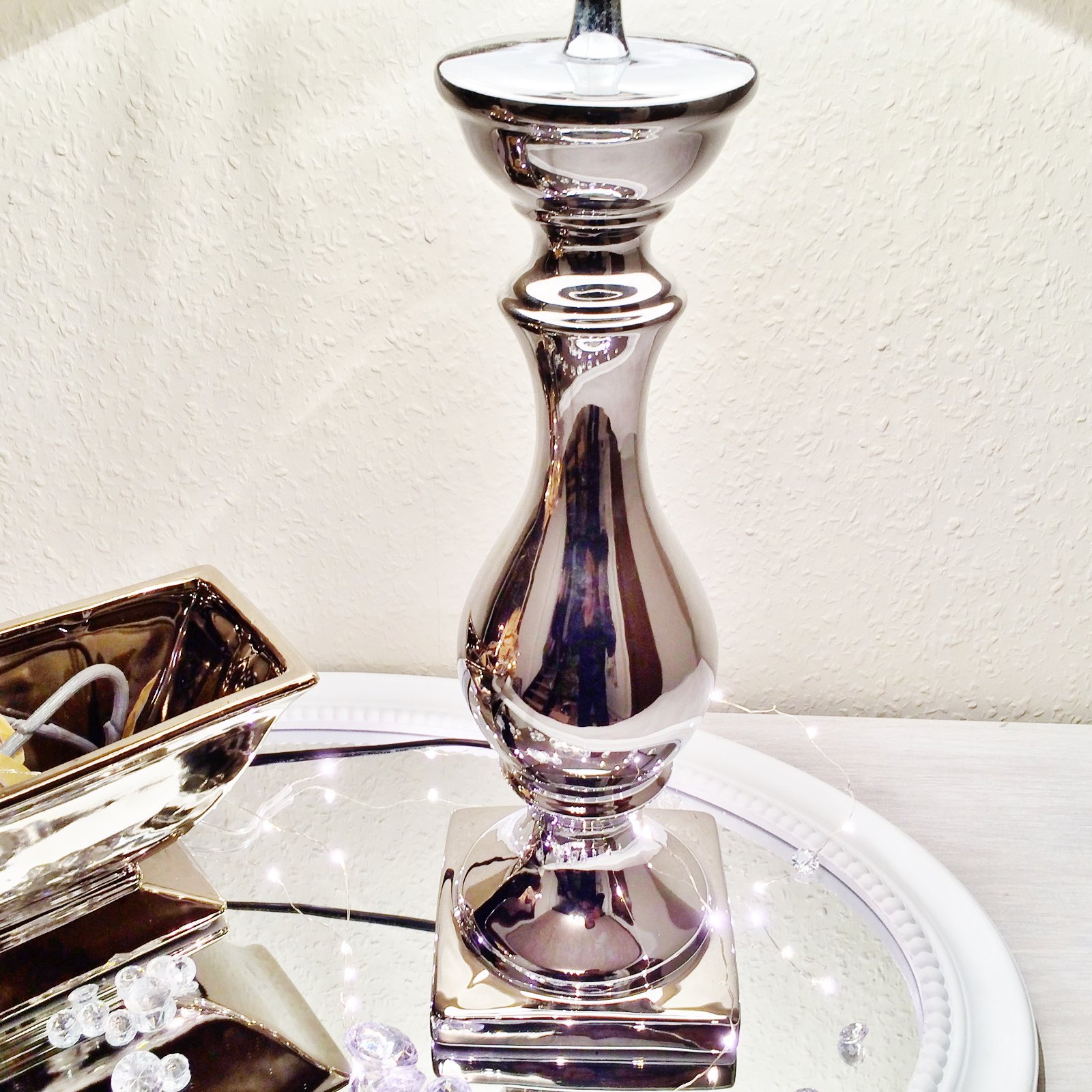 Keramik Lampen Lampenfuß Lampenschirm Tischlampe Nachttischlampe Tischleuchte (LOVELY 60 cm (Fuß: Silber - Schirm: Schwarz))