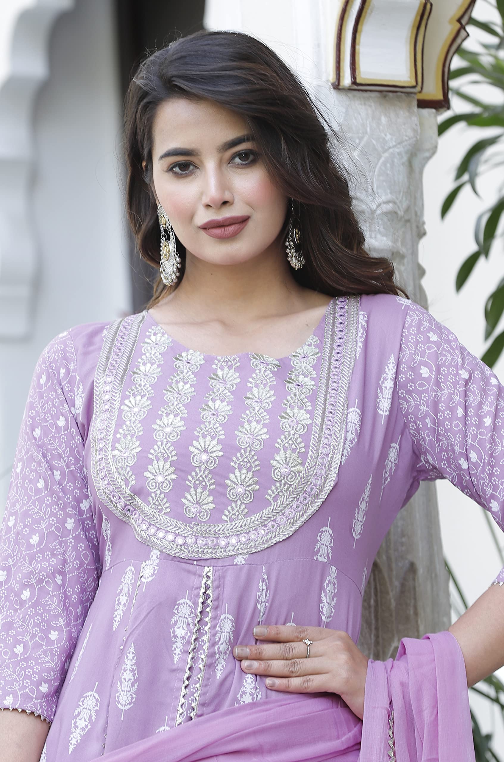 JD Finishing Rayon Printed Kurta with Pants Dupatta Set for Women Girls Long Middle Cut Kurtis Stylish Latest New Trending Design Anarkali Kurta A (IN, Alpha, S, Lavender) 3