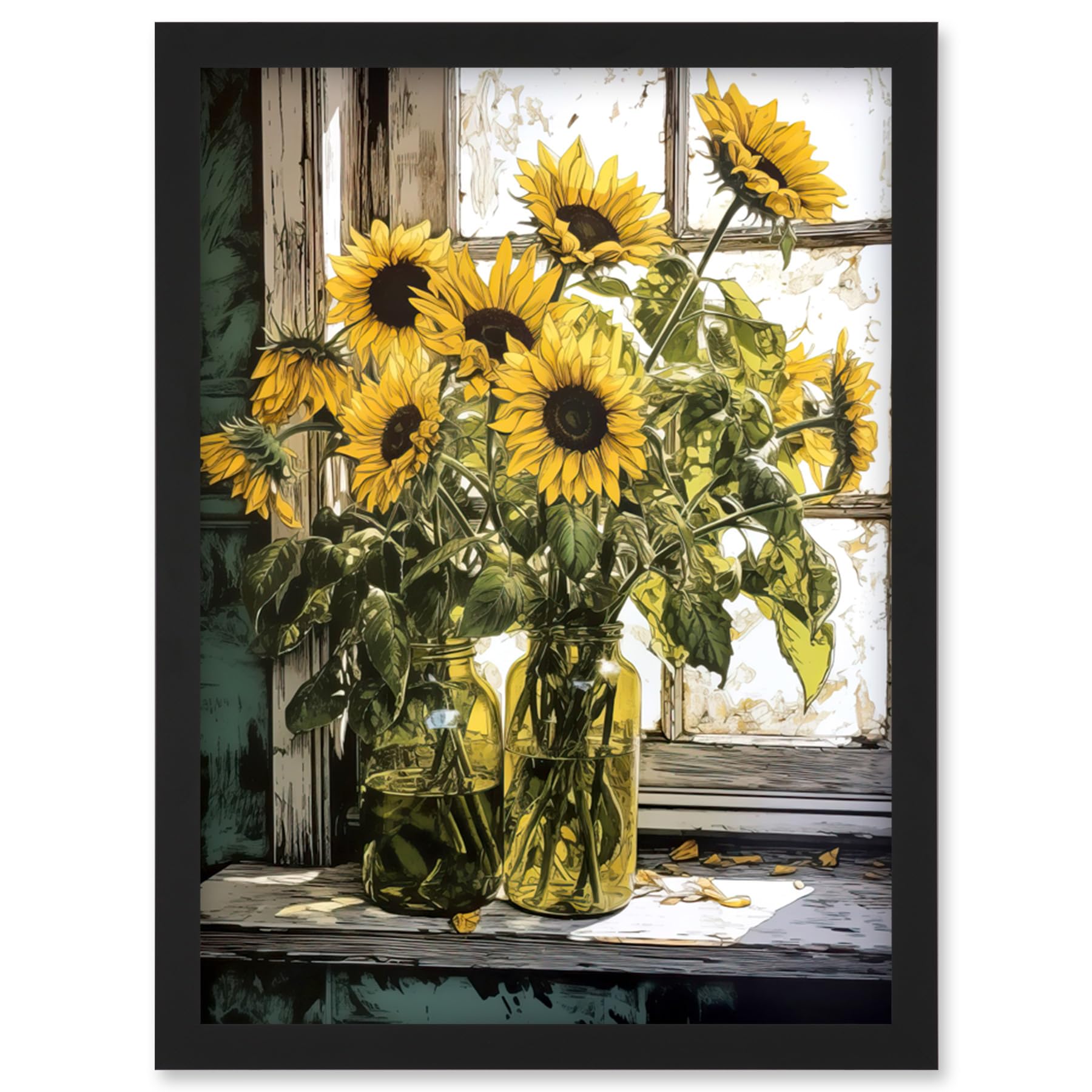 Artery8 Sunflowers Still Life Watercolour Painting Yellow Flowers Farmhouse Window Sill Artwork Framed Wall Art Print A4