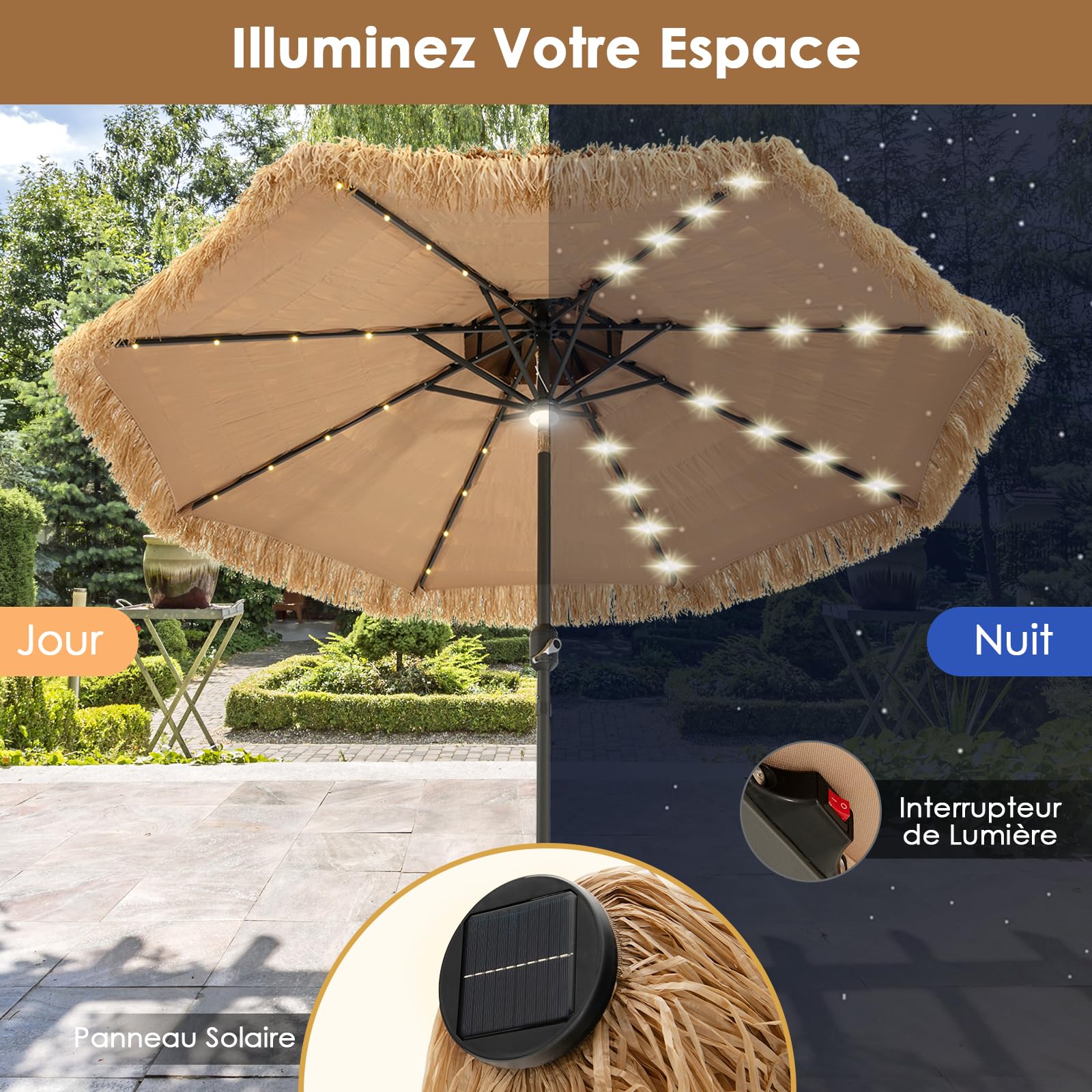 RELAX4LIFE Parasol de Plage Hawaï Tropicale LED Φ282cm
