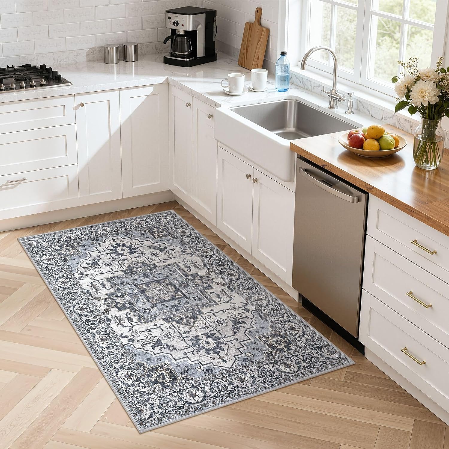 3x5 Area Rugs Living Room: Washable Vintage Rug Large Non-Slip Stain Resistant Ultra Soft Low Pile Pet Kids Friendly Carpets for Bedroom Dining Room Nursery Home Office Decor - Blue