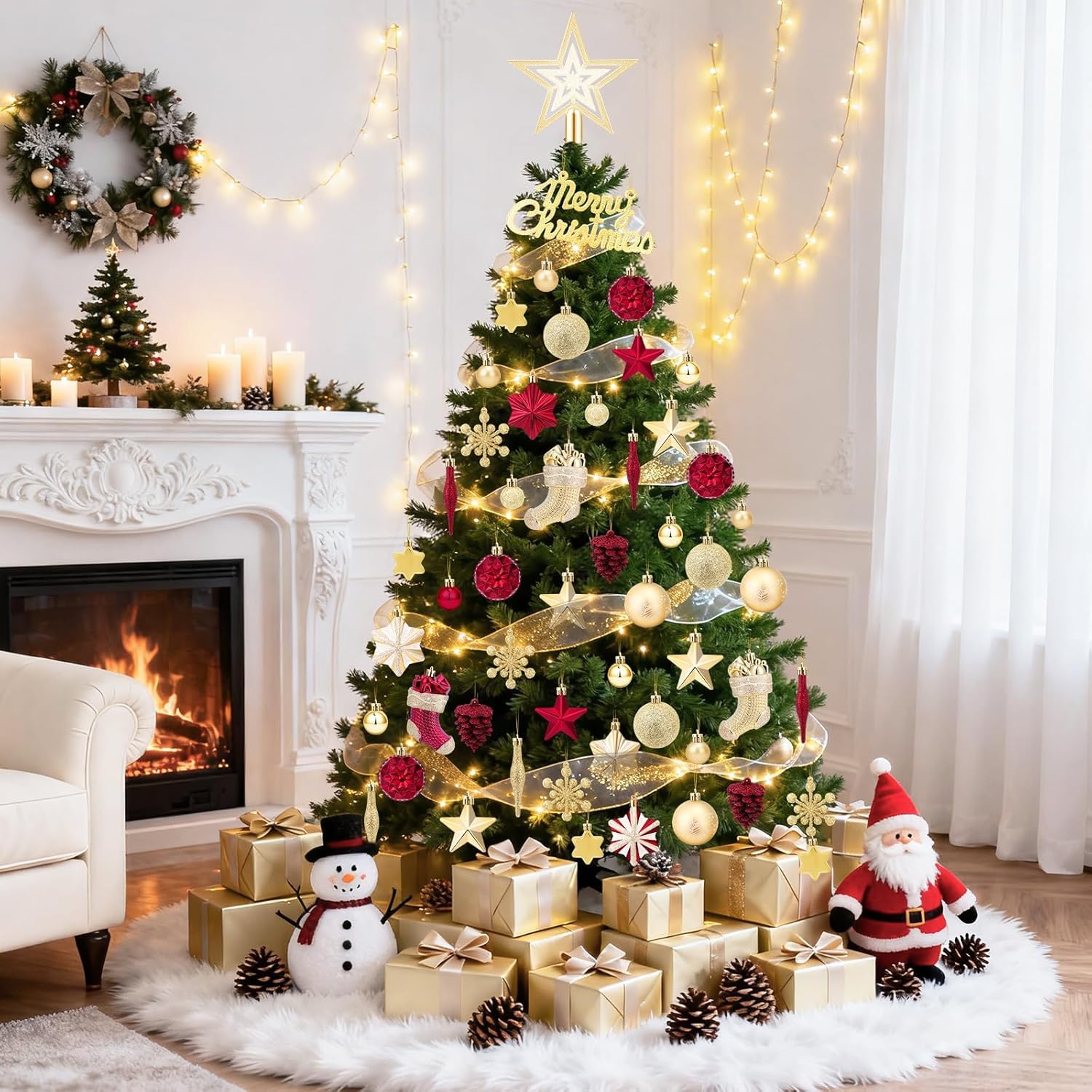 JONRRYIN Premium Weihnachtskugeln, 70er Set Christbaumkugeln Kunststoff - Mit LED-Licht, Baumspitze Stern, Kleine Weihnachtskugeln - Christbaumschmuck für Drinnen & Draußen (Rot-Gold)