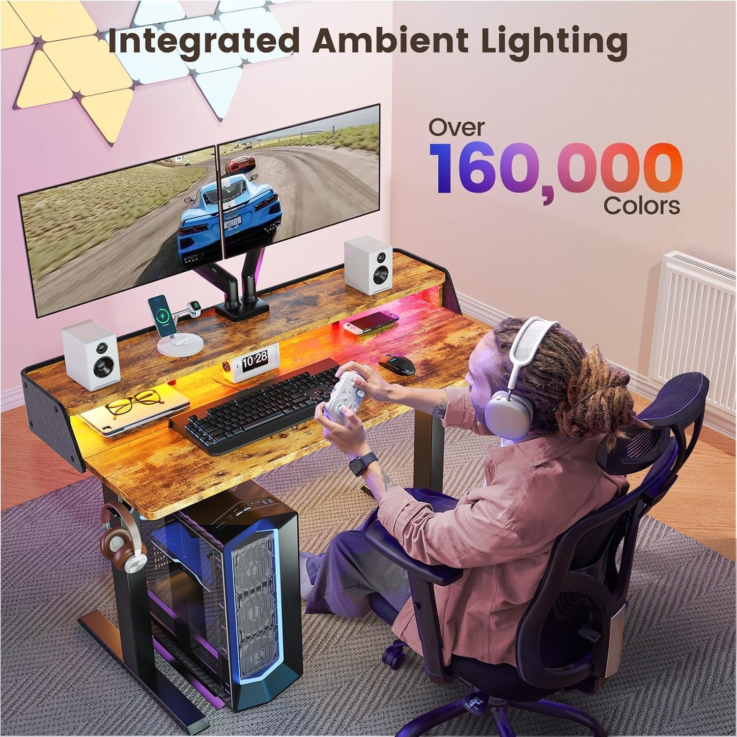 ErGear Standing Desk with LED Strip 48 x 24 Electric Height Adjustable RGB Gaming Table with Shelf Sit — view 4