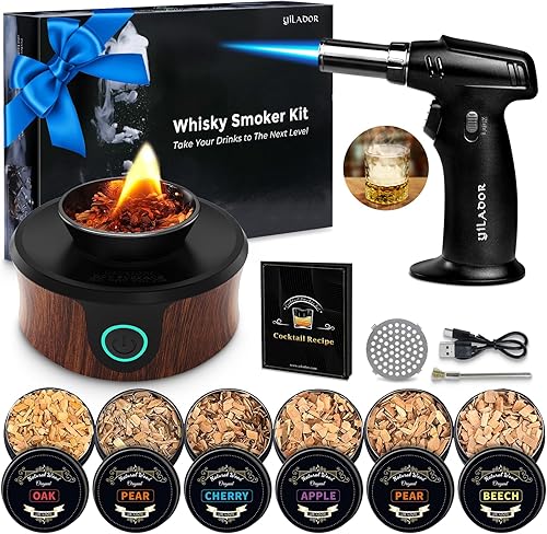 Kit eléctrico para ahumar whisky y cóctel con antorcha Ventilador integrado, 6 chips de madera, antiguo y ahumador de bebidas de whisky, regalo