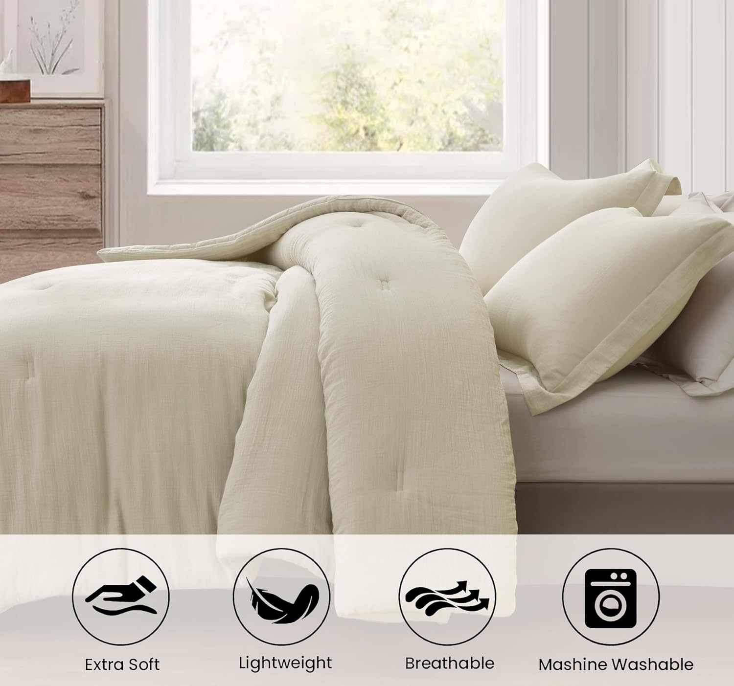 Chezmoi Collection Breeze 3-Piece 100% Cotton Muslin Queen Comforter Set, Natural Color Soft Washed Cotton Gauze Comforter, Lightweight Breathable Reversible 240GSM Fill Summer Bedding