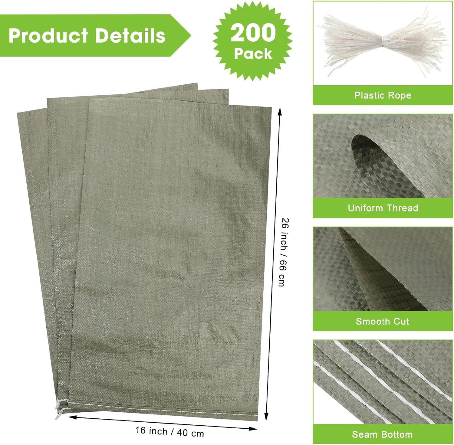 Nuenen 200 Pcs Empty Sandbags Heavy Duty Sand Bags with Ties Woven Polypropylene Sand Bags Bulk for Flooding 16 x 26 Inches Sandbag Flood Protection for Emergency Hurricane Supplies(Green)